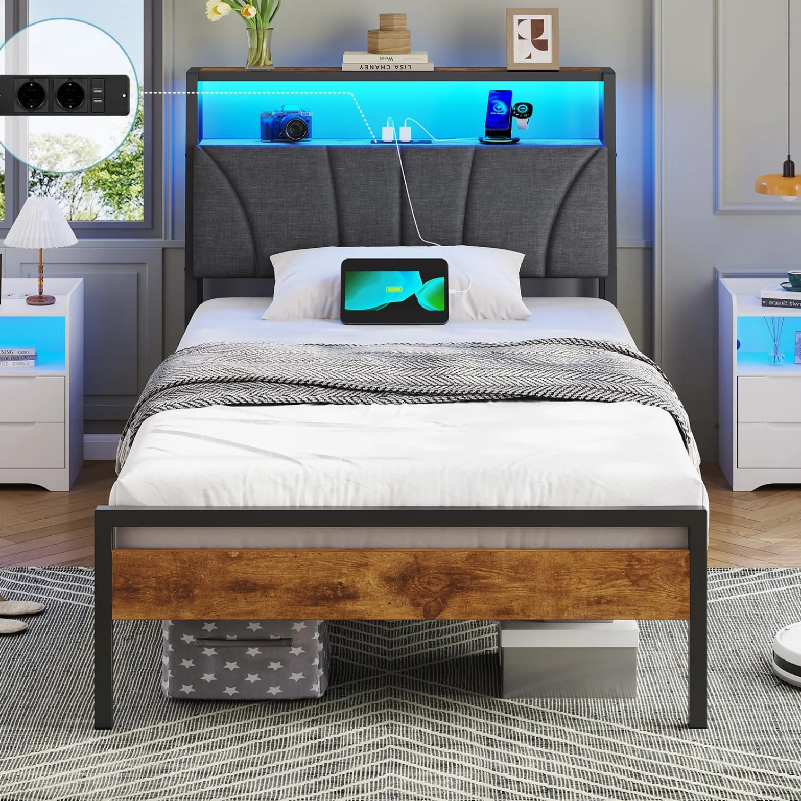 Brinlawb Cama 90x200 cm con regleta de enchufes integrada (2 Tomas de Corriente AC y 2 Puertos USB) Tira de luz LED, Somier 90 x 200 cm, Cama Individual con Estructura de Metal y cabecero. Gris