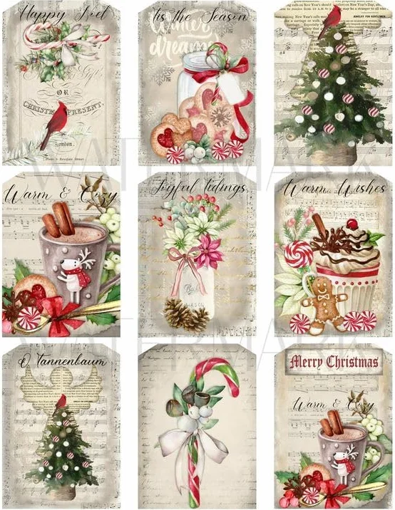 Las Cosinas de la Tata Papel de Arroz Navideño con Etiquetas, Din A4, 1 unidad, 210 x 297 mm, 28g/m², Textura Satinada, Ideal para Manualidades y Decoupage