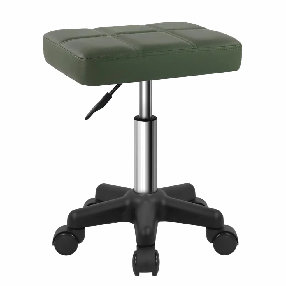 FURWOO Taburete Rectangular Rodante con Ruedas Giratorio de Cuero PU para Salón Masaje SPA Cocina Altura Ajustable 45-61 cm Verde