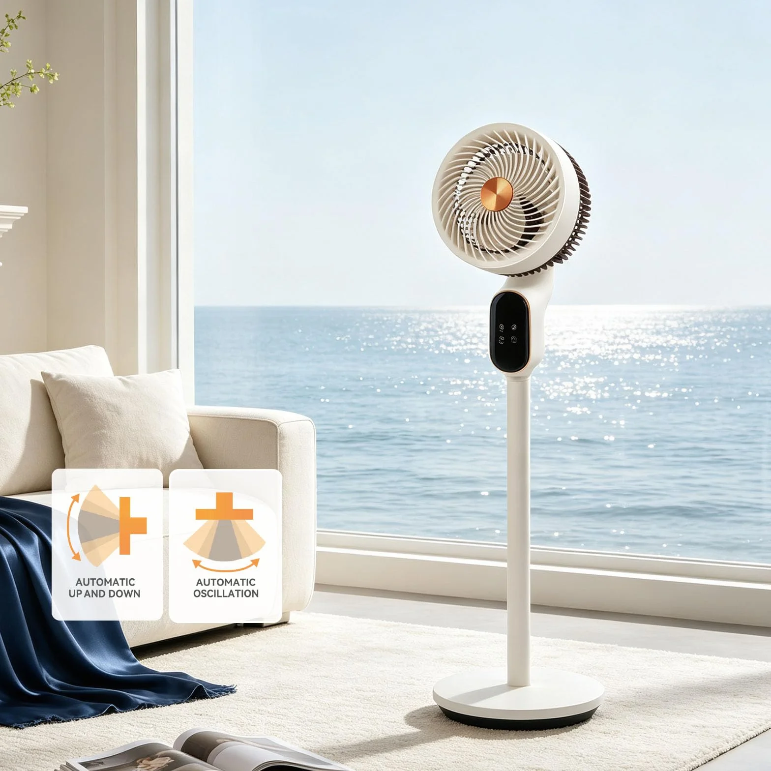 Ventilador de pie silencioso, 50W, 18 cm de aspas, oscilación automática, 8 velocidades, altura regulable , inclinación ajustable, fácil control, temporizador de 12 horas, ideal para dormitorio.