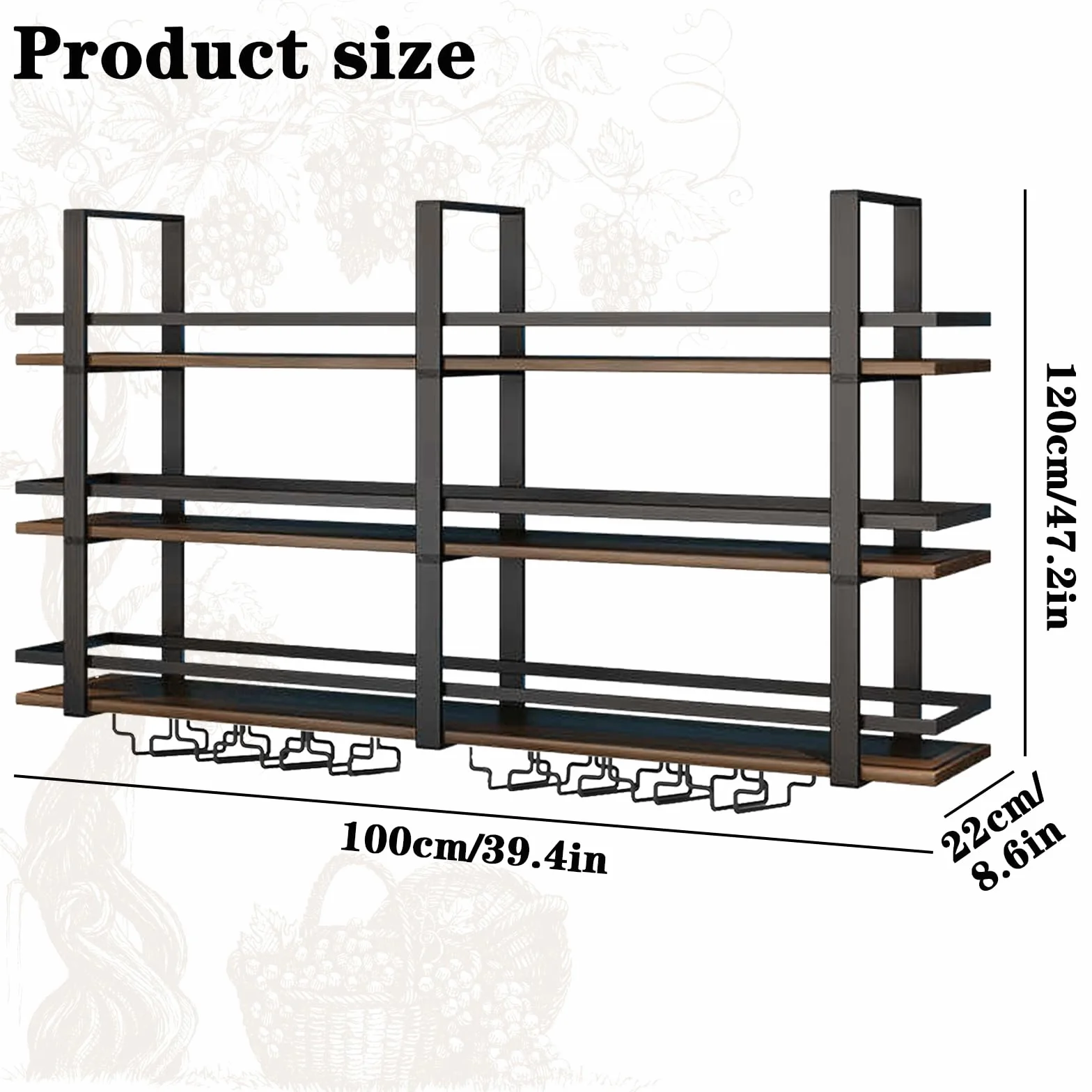 Botellero de Pared con Luz LED, 3 Niveles Estante Flotante Metal y Madera con Soporte Copas, Gran Capacidad Estante Exposición Vino, para Hogar, Restaurante Decoración Bar (Negro, 100cm)