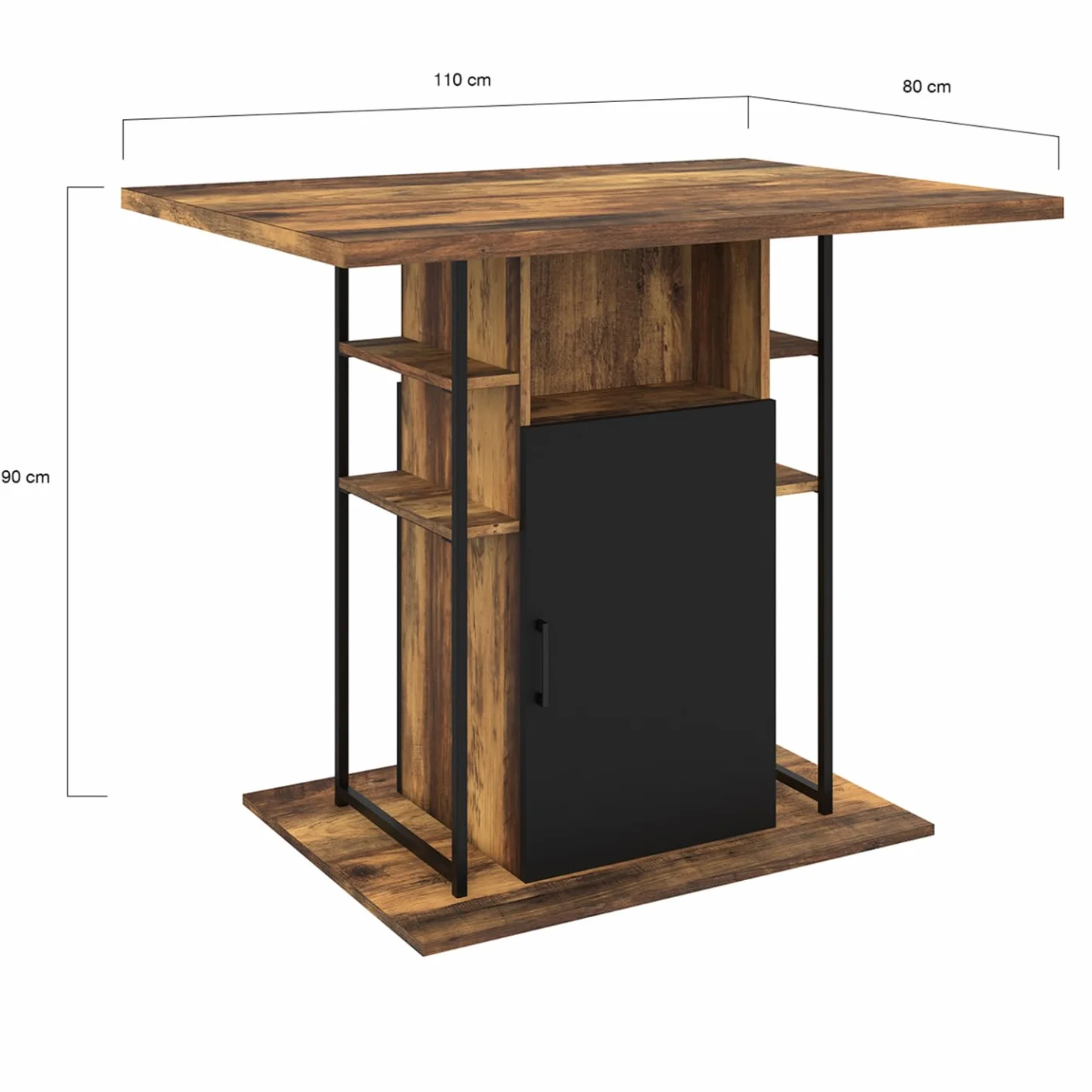 IDMarket – Ilot Central UGO 110 cm madera negra y efecto madera oscura Hawkins con almacenamiento, diseño industrial