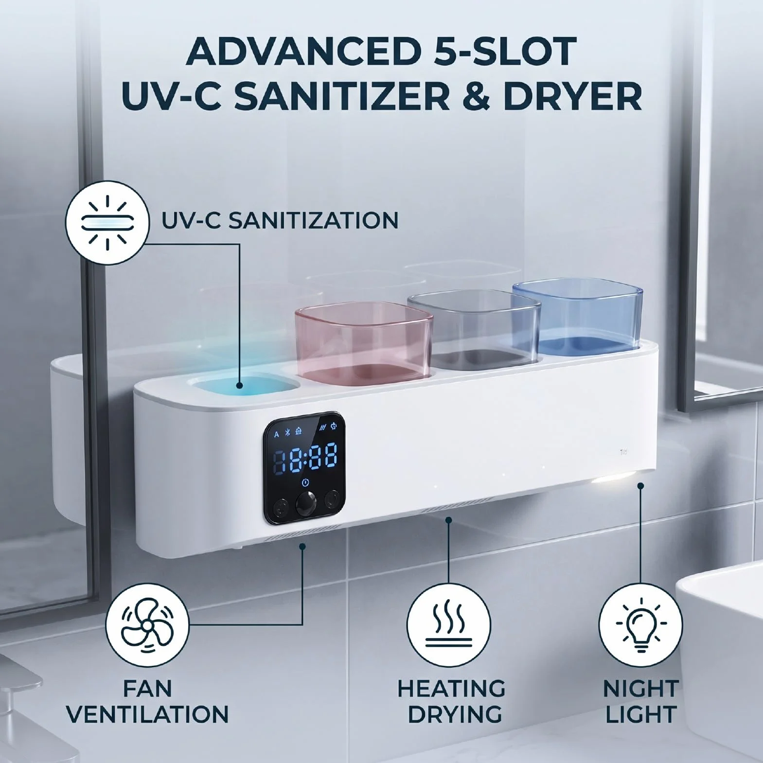 Goshyda Soportes para Cepillos de Dientes para Baño, Desinfectante Inteligente para Cepillos de Dientes y Soporte con Ventilador Integrado de Secado Rápido, Montado en la Pared con 3