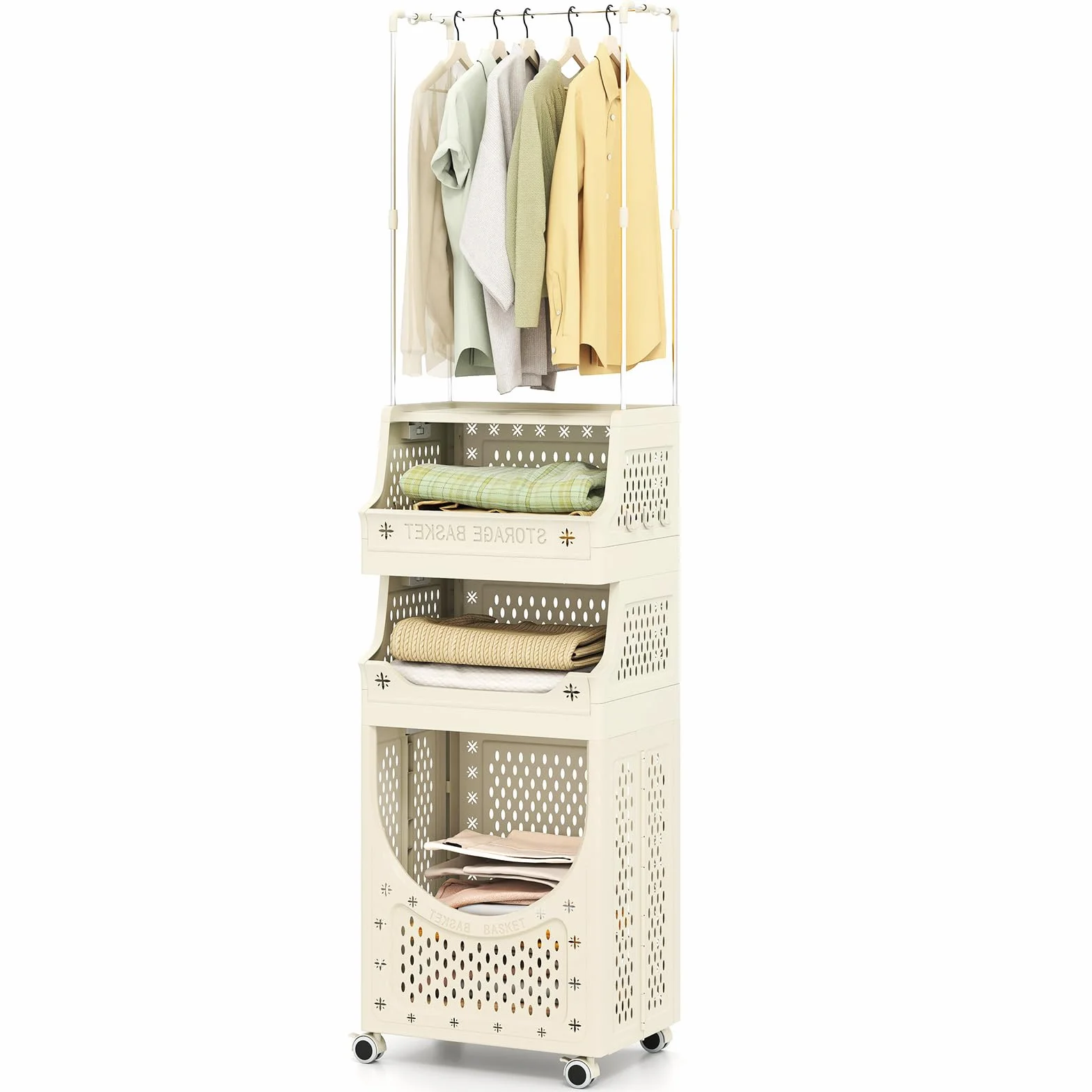COSTWAY Cesta de Ropa Sucia con Ruedas de 4 Niveles, Cesto Plegable para Ropa Sucia con 6 Ganchos para Colgar, Carrito Multiusos que Ahorra Espacio para Lavandería Baño (con Perchero)