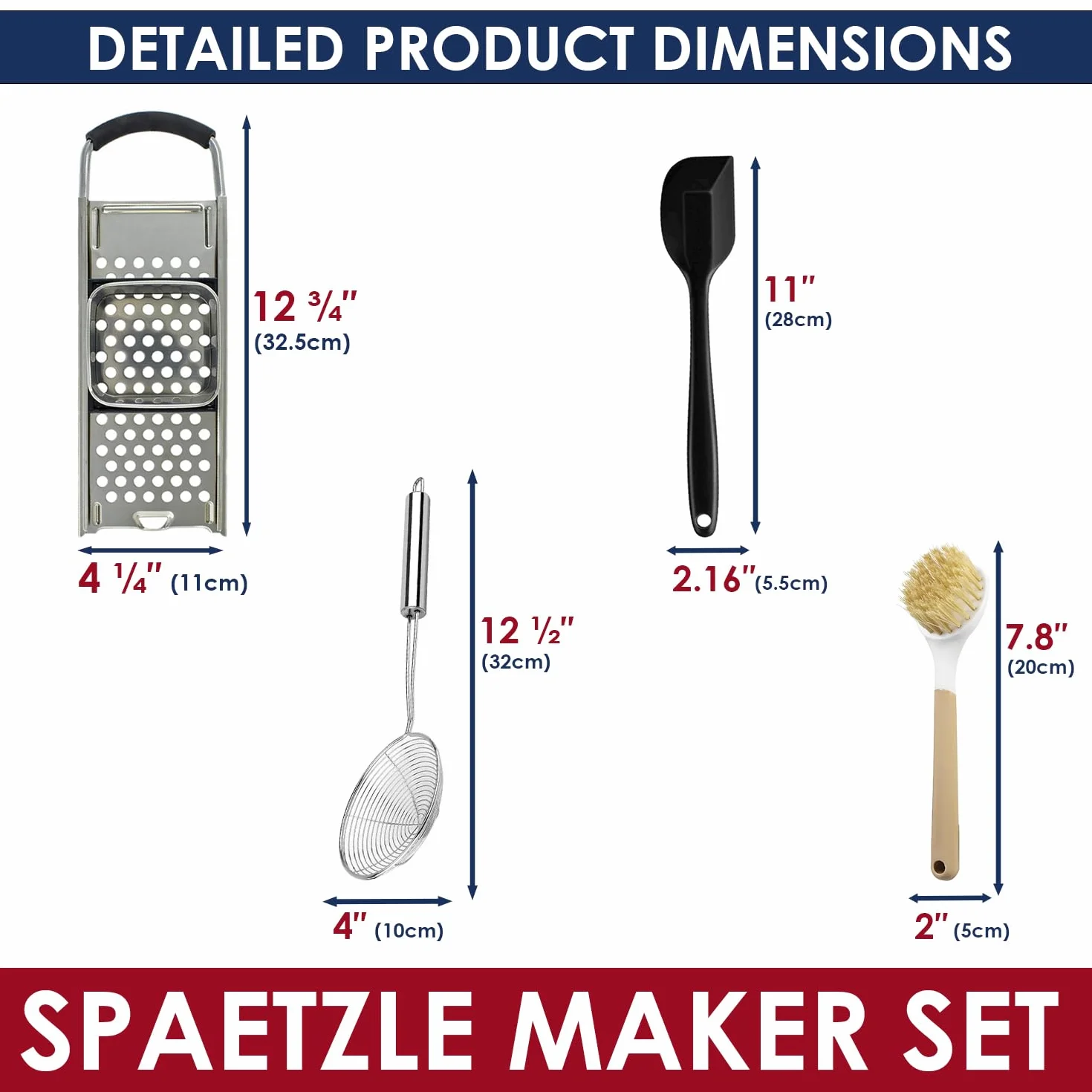 Spaetzle de acero inoxidable de grado premium con mango de agarre cómodo, cuchara de acero inoxidable con cepillo de limpieza, juego de herramientas para hacer bolas de masa hervida alemanas caseras