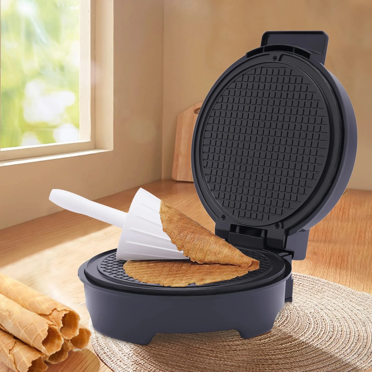 Máquina automática de bolas de acero inoxidable de 1200 W, máquina para hacer rollos de huevo con revestimiento antiadherente, moldes antiadherentes con 2 luces, 100-150 ℃, 20 cm de diámetro.