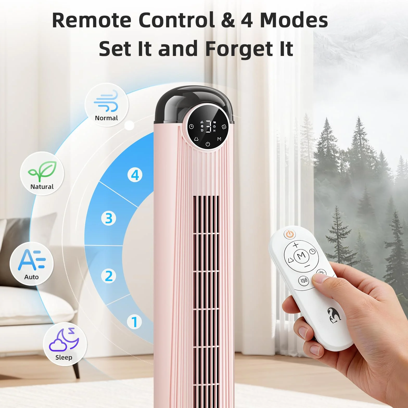 Antarctic Star T36 - Ventilador de torre de 36 pulgadas, ventilador oscilante sin aspas con control remoto, 6 velocidades y 4 modos, visualización LED, temporizador de 9H, ventilador silencioso de pie
