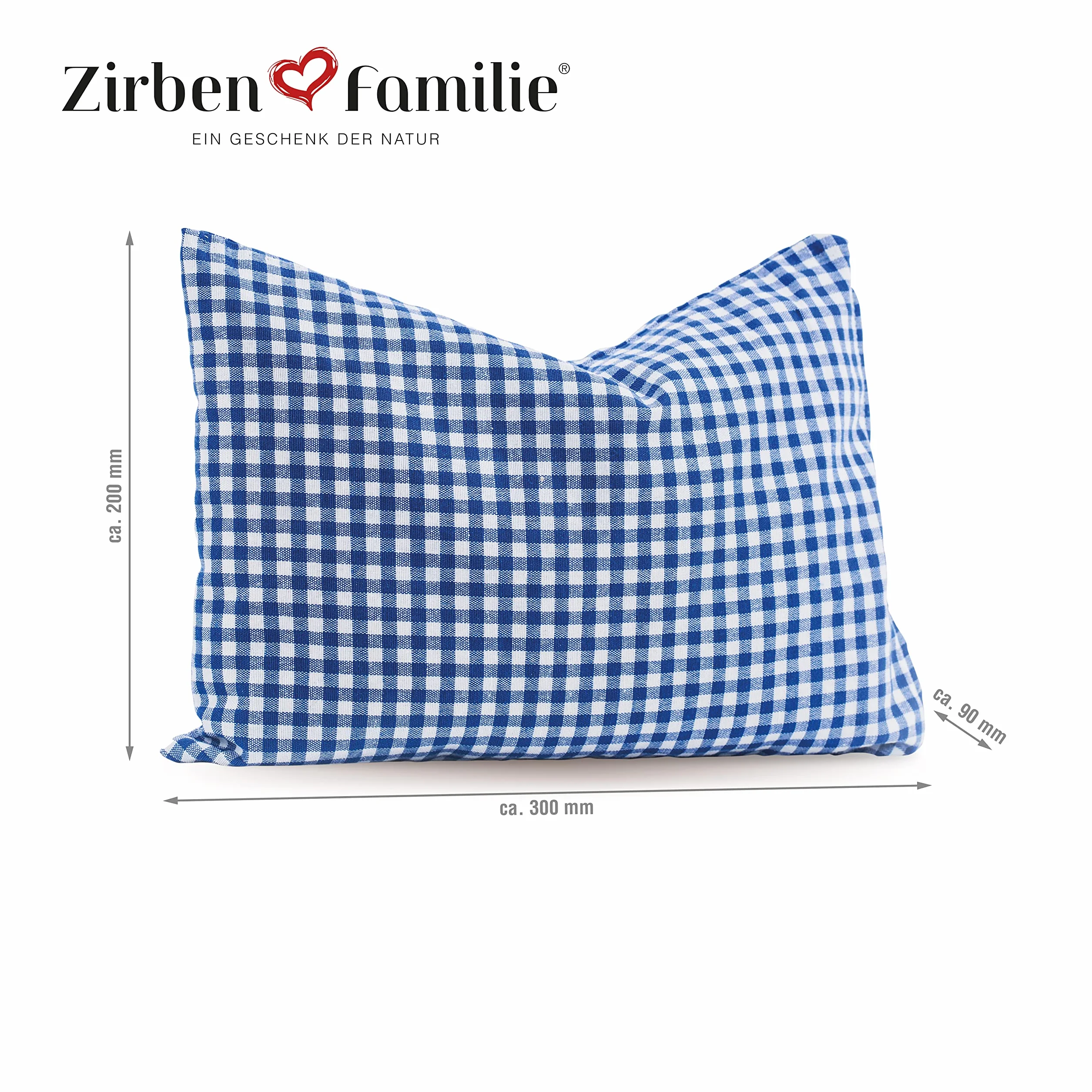 Zirben Familie - Conocido en el comercio especializado y la hostelería • Cojín de pino a cuadros azules • Cojín decorativo suave y aromático de 30 x 20 cm • Cojín decorativo relleno