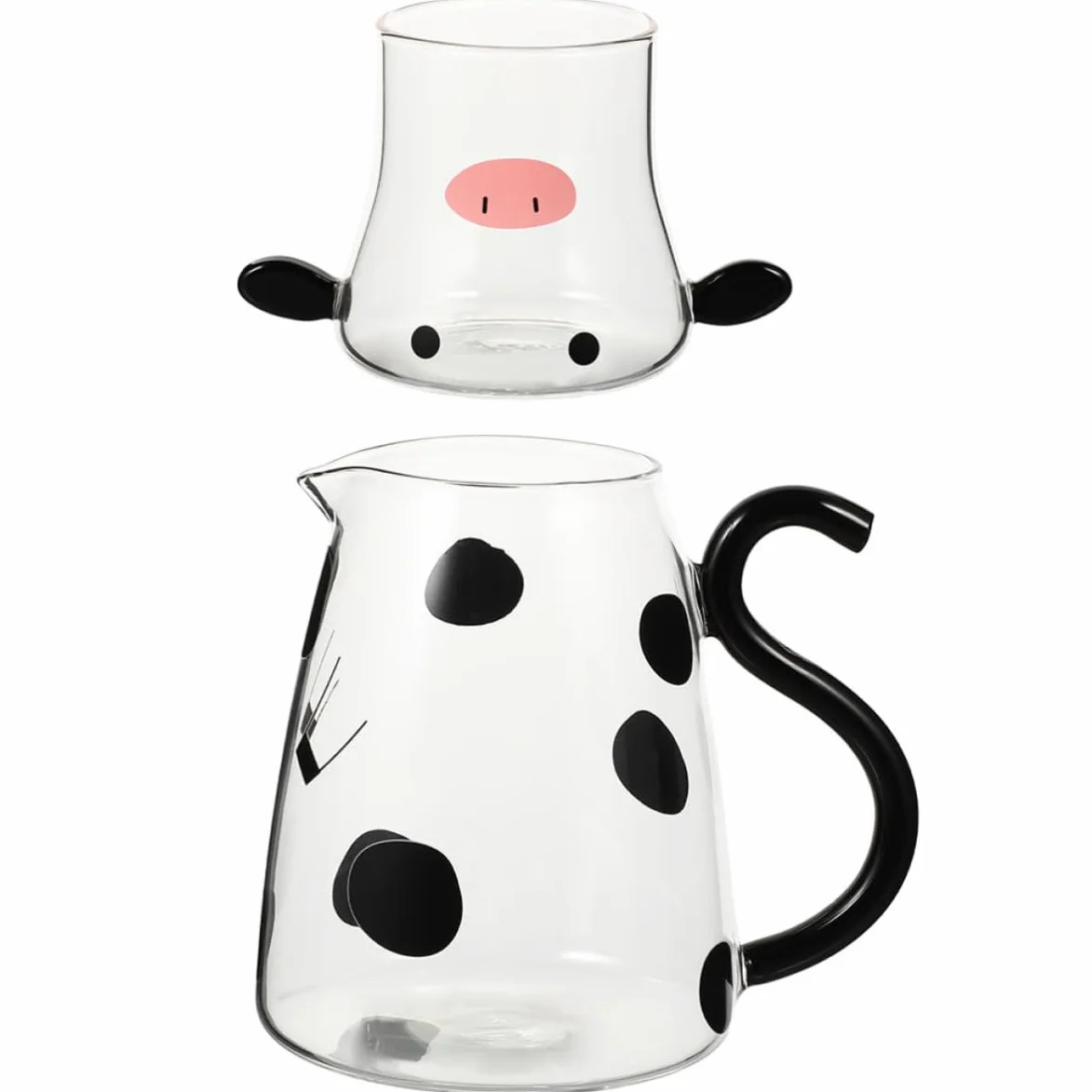 Gadpiparty Jarra de Agua Fría de Vidrio Forma de Vaca, Capacidad 1800ml, Set Multifuncional Tapa y Vaso para Hogar y Restaurante