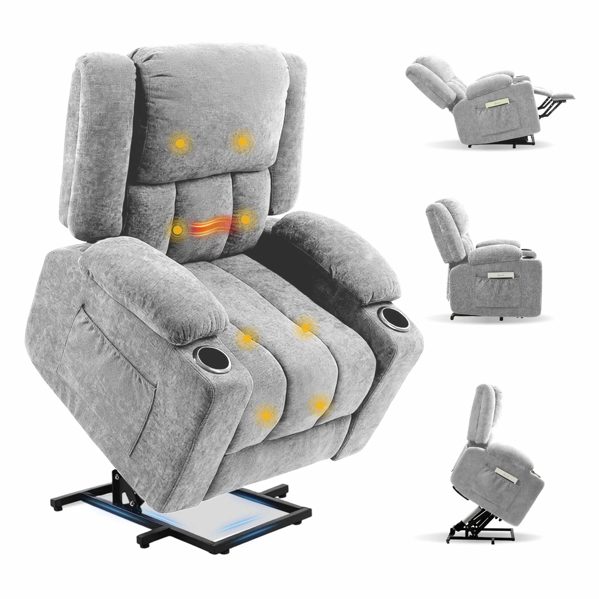 FLEXISPOT XL6 Sillón Relax Eléctrico con Levantapersonas, Masaje 8 Puntos y Calor, Reclinable 105°-165°, USB y Type-C, 2 Portavasos y Bolsillos, Sofá Individual Acolchado, hasta 200 kg, Gris Claro