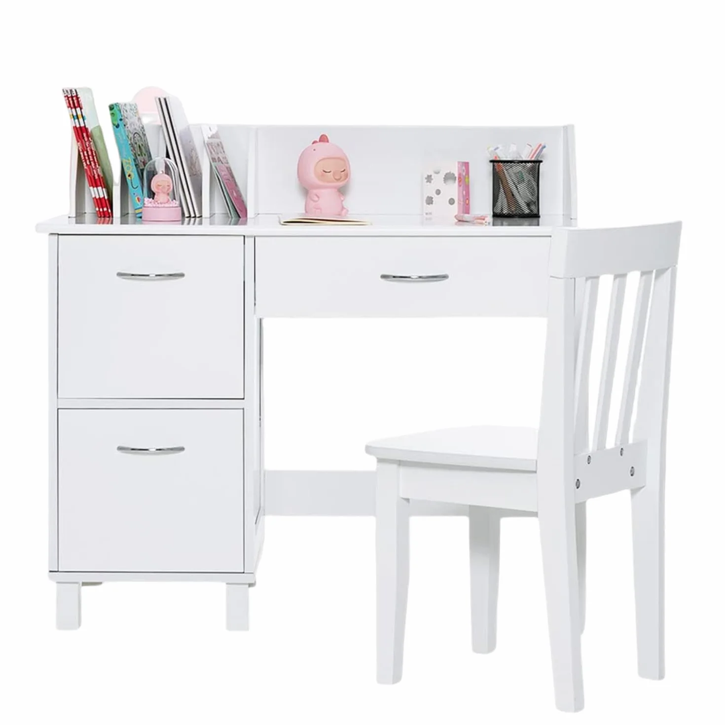 FANTASK Escritorio Infantil de Madera para Estudiantes con Silla, Mesa de Aprendizaje Infantil Multifuncional con Estante, Estante Abierto y Armario de Almacenamiento, Escritorio para niños para