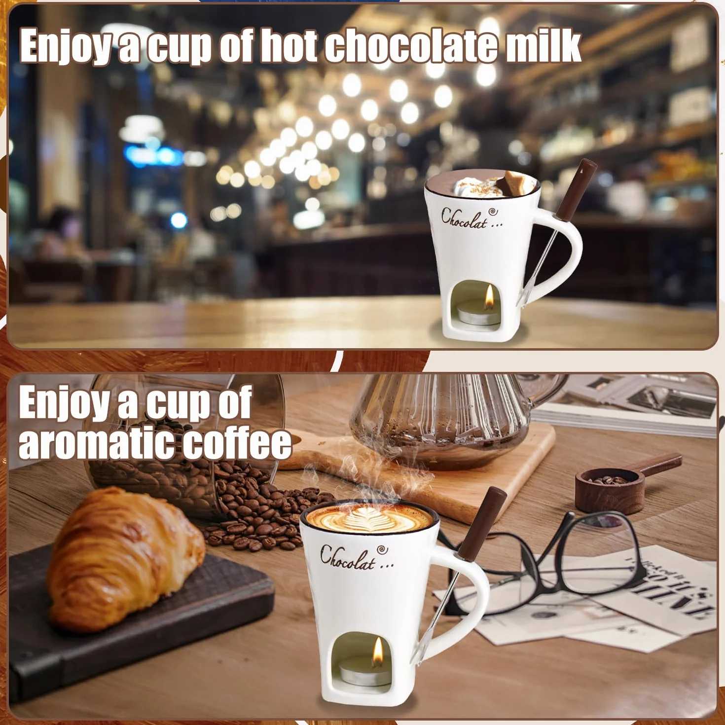 Taza de Fusión de Chocolate 130 ML Juego de Fondue de Chocolate de Cerámica con Tenedores y Vela de Té