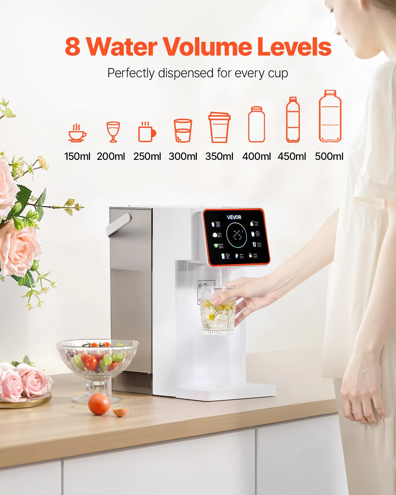 VEVOR Dispensador de Agua Caliente Instantáneo de Encimera con 6 Temperaturas Ajustables y 8 Volúmenes de Agua, Tanque Extraíble de 3 L, Calentamiento Rápido con Pantalla Táctil y Bloqueo, Blanco