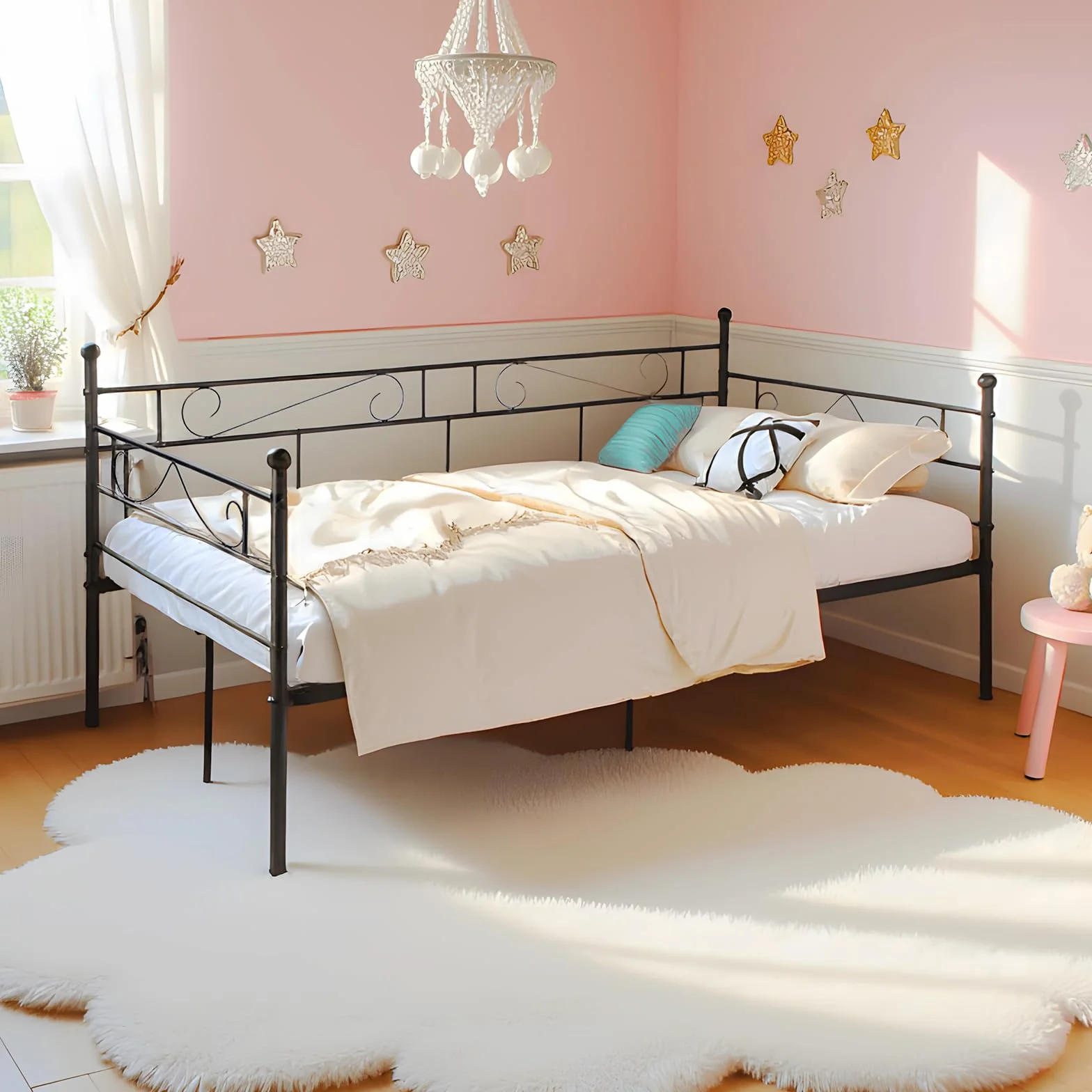 Marcos Diván Cama Individual de Metal, Estructura Sofá Cama Hierro Forjado para Adultos, Adecuado para Colchón de 90x190 cm, Negro