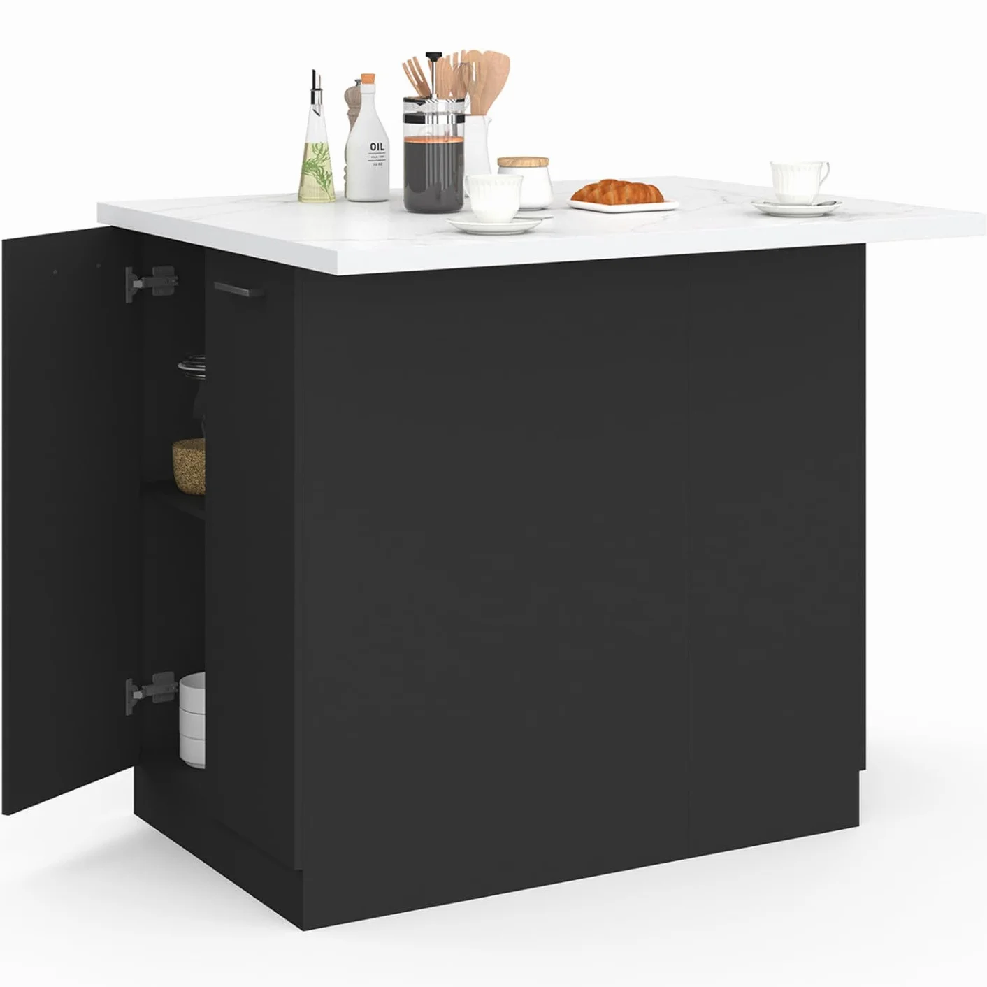 IDMarket - Ilot central IVO 120 cm madera negra con encimera efecto mármol ALASKA