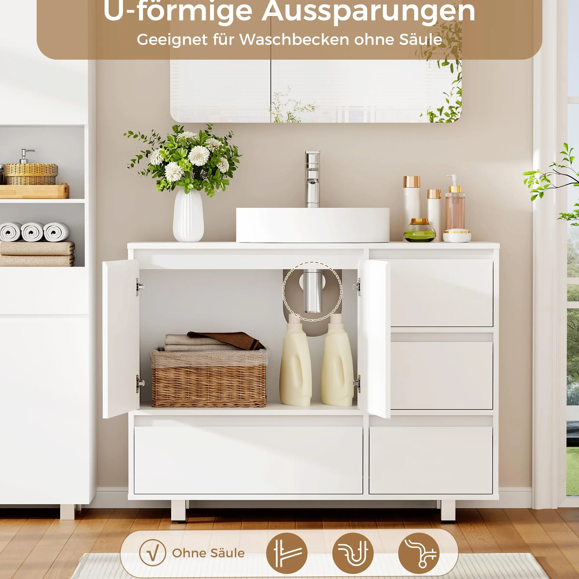 ANWBROAD Mueble Bajo Lavabo, 4 Cajones, 2 Puertas, Armario de Baño con Patas, Moderno,90 x 30 x 64,5 cm, Blanco SSC002W