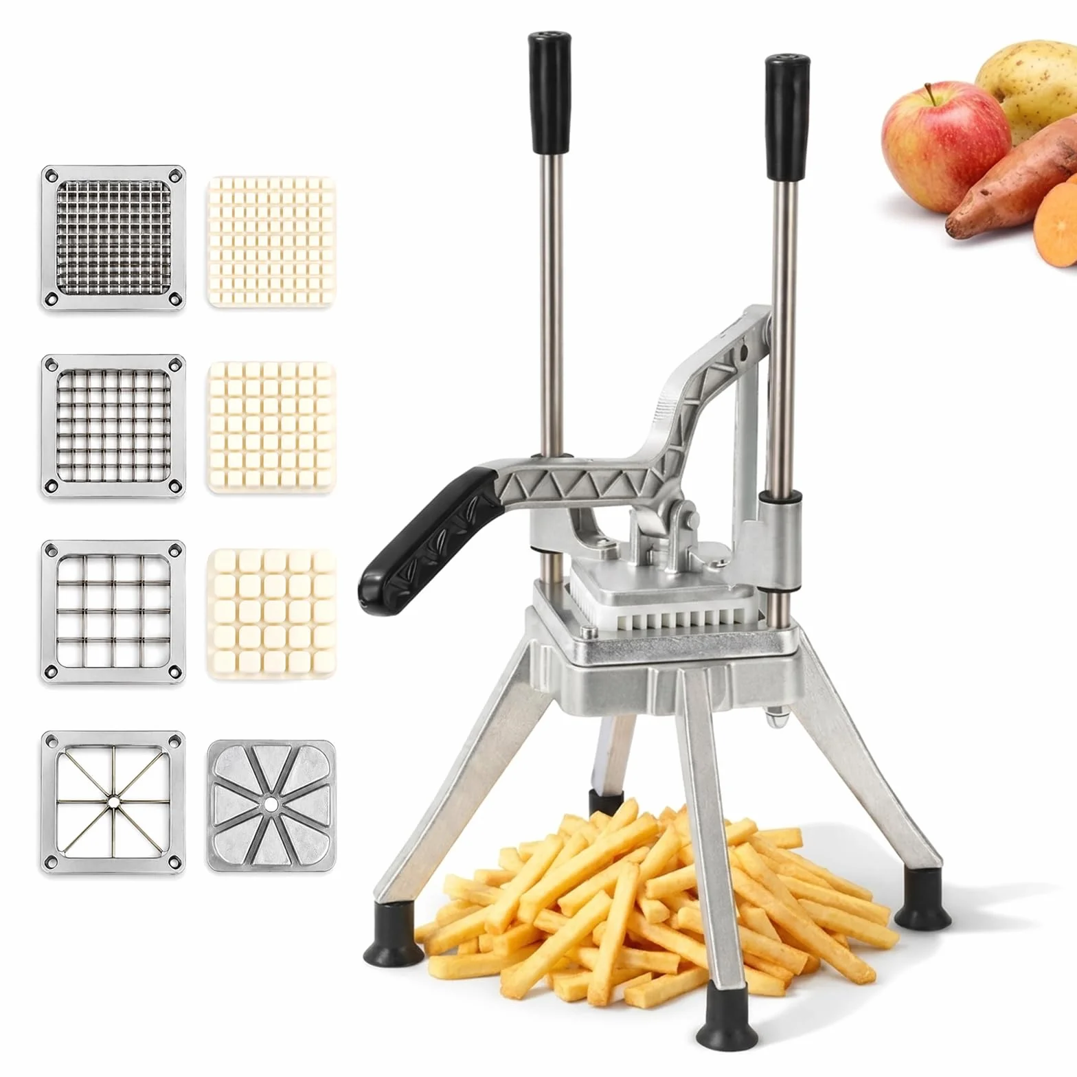 Cortador de Patatas Fritas, Cortadora de Patatas Profesional de Acero Inoxidable con 4 Cuchillas de 7mm 9mm 14mm y Gajos Cortador de Verduras para Zanahorias y Pepinos Picador Industrial