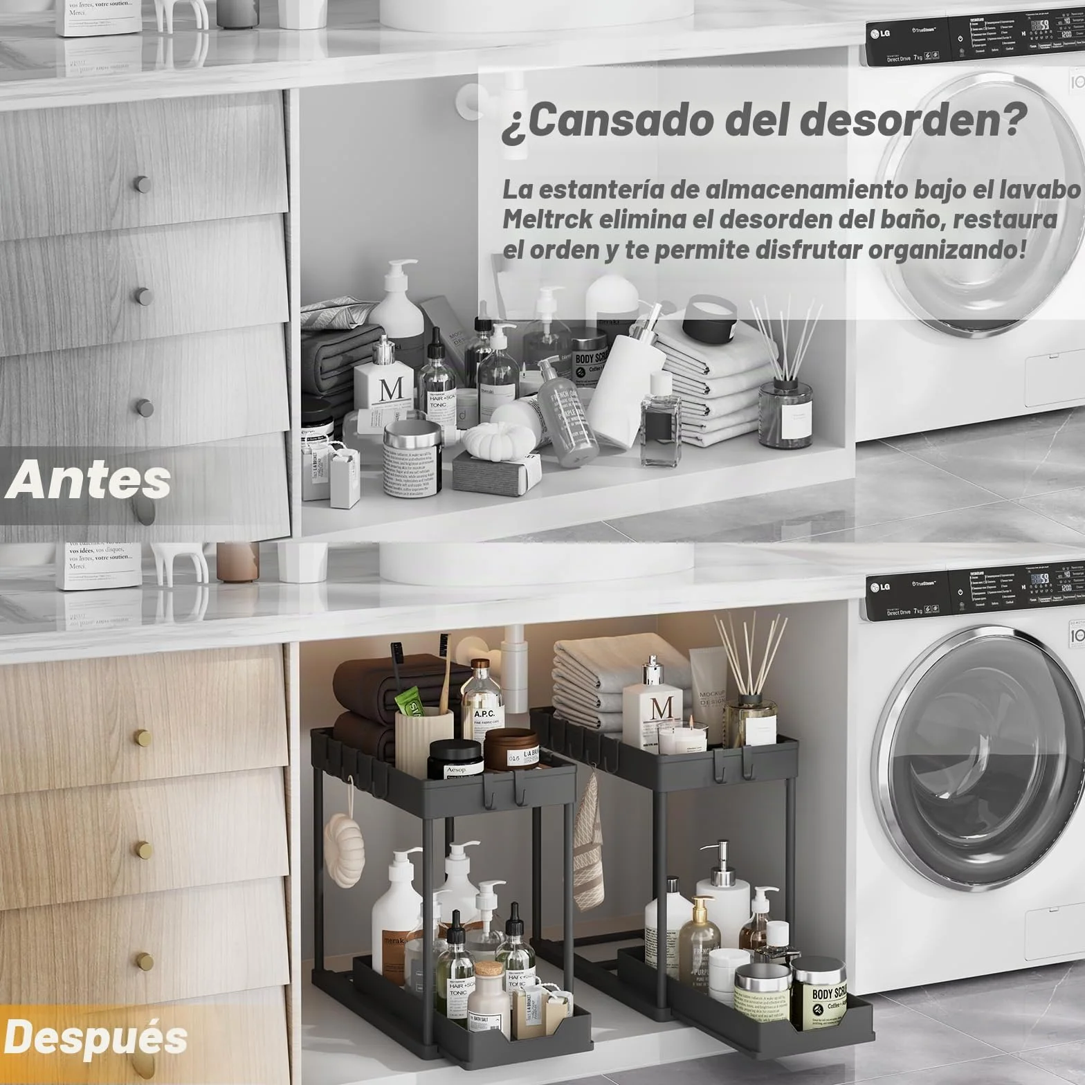 Organizador Cocina 2 Niveles para Debajo del Fregadero - Estante Almacenamiento Extraíble con 16 Ganchos, Negro