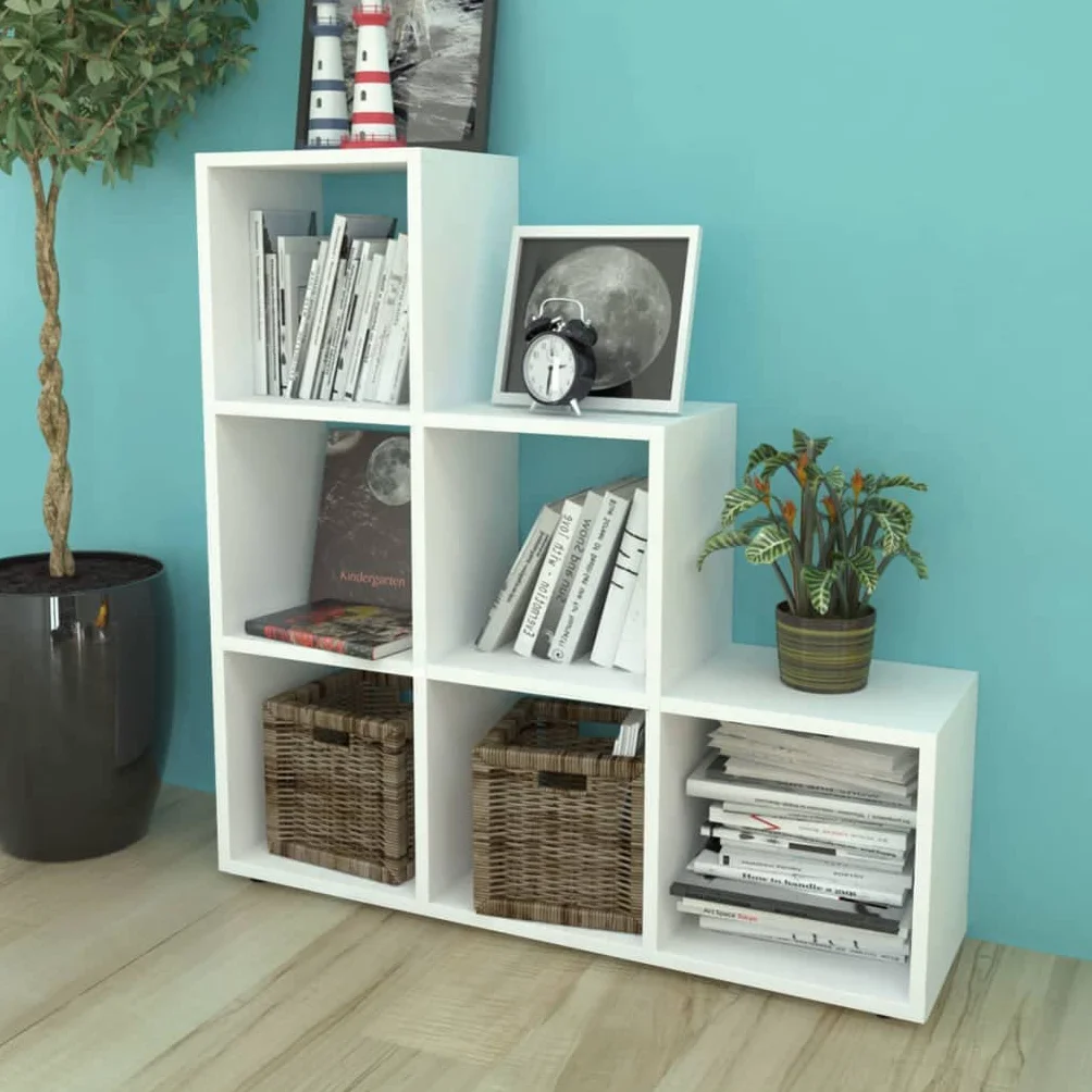Estantería de 6 estantes para libros en forma de escalón, para salón, con revestimiento de melamina, 104 x 29 x 107 cm, color blanco