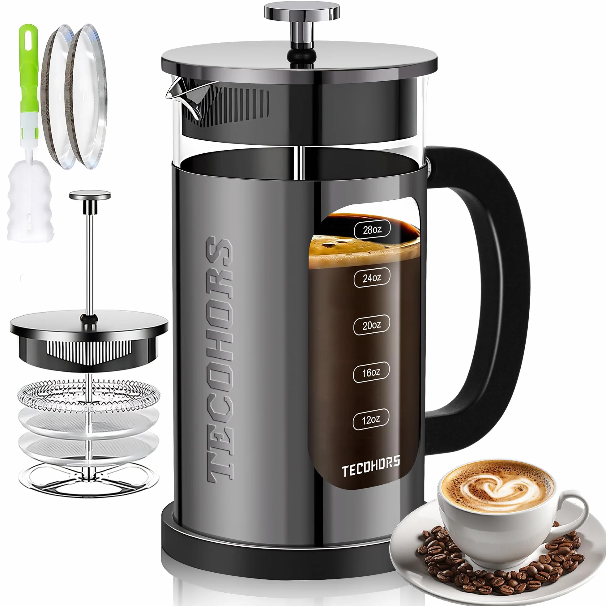 Cafetera de prensa francesa de 34 onzas/1 cuarto de galón, prensa de café de acero inoxidable 304, con sistema de 4 filtros, vidrio de borosilicato de grosor resistente al calor, cafetera
