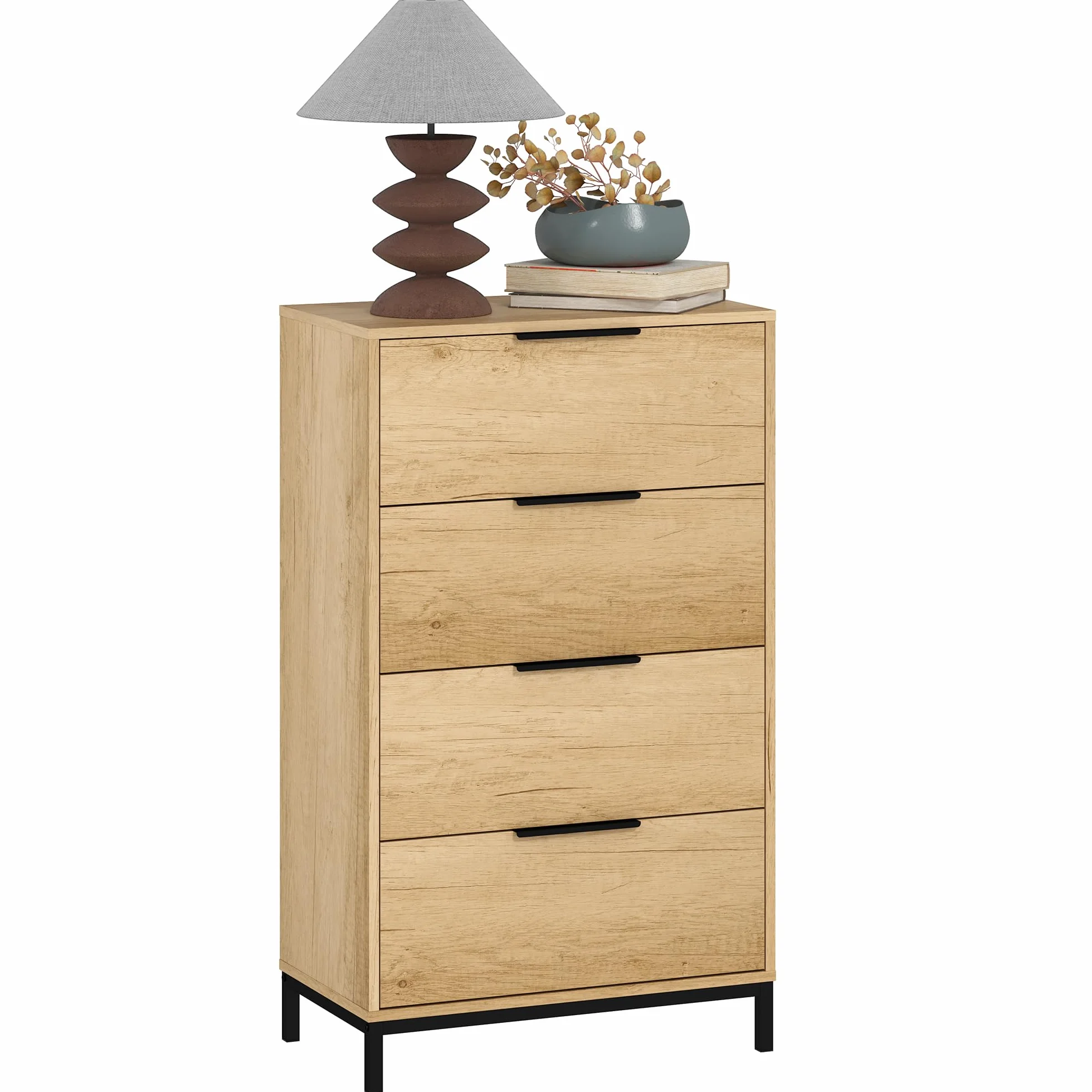 HOMCOM Cómoda de 4 Cajones Alta con Tiradores Metálicos Cómoda para Dormitorio Cajonera Estrecha para Pasillo y Salón 62x35x105 cm Natural