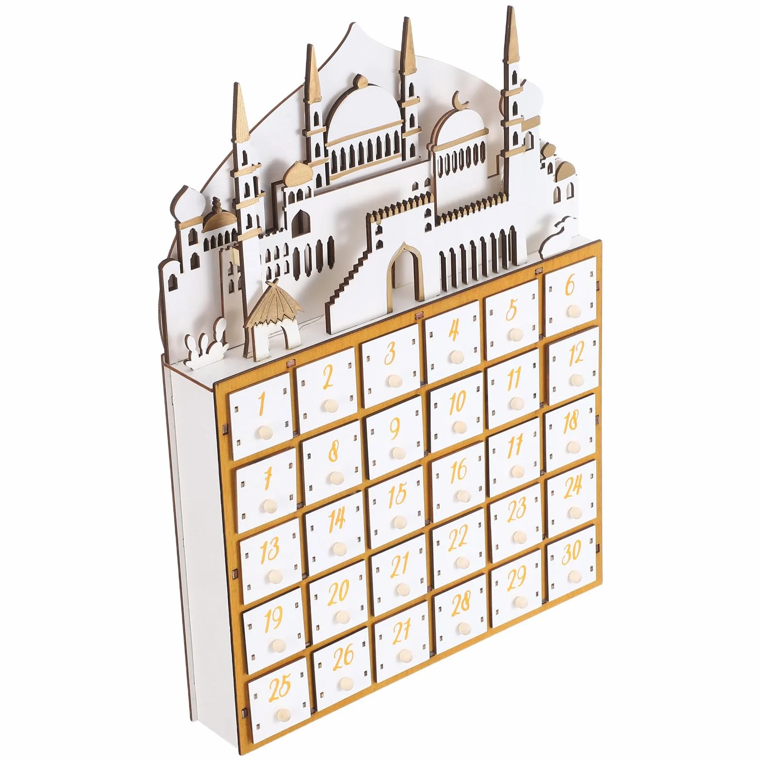 Operitacx Calendario de Adviento de Ramadán con Luz LED de Madera y 30 Cajones para Cuenta Regresiva y Organizador de Escritorio Decoración para Fiesta Eid