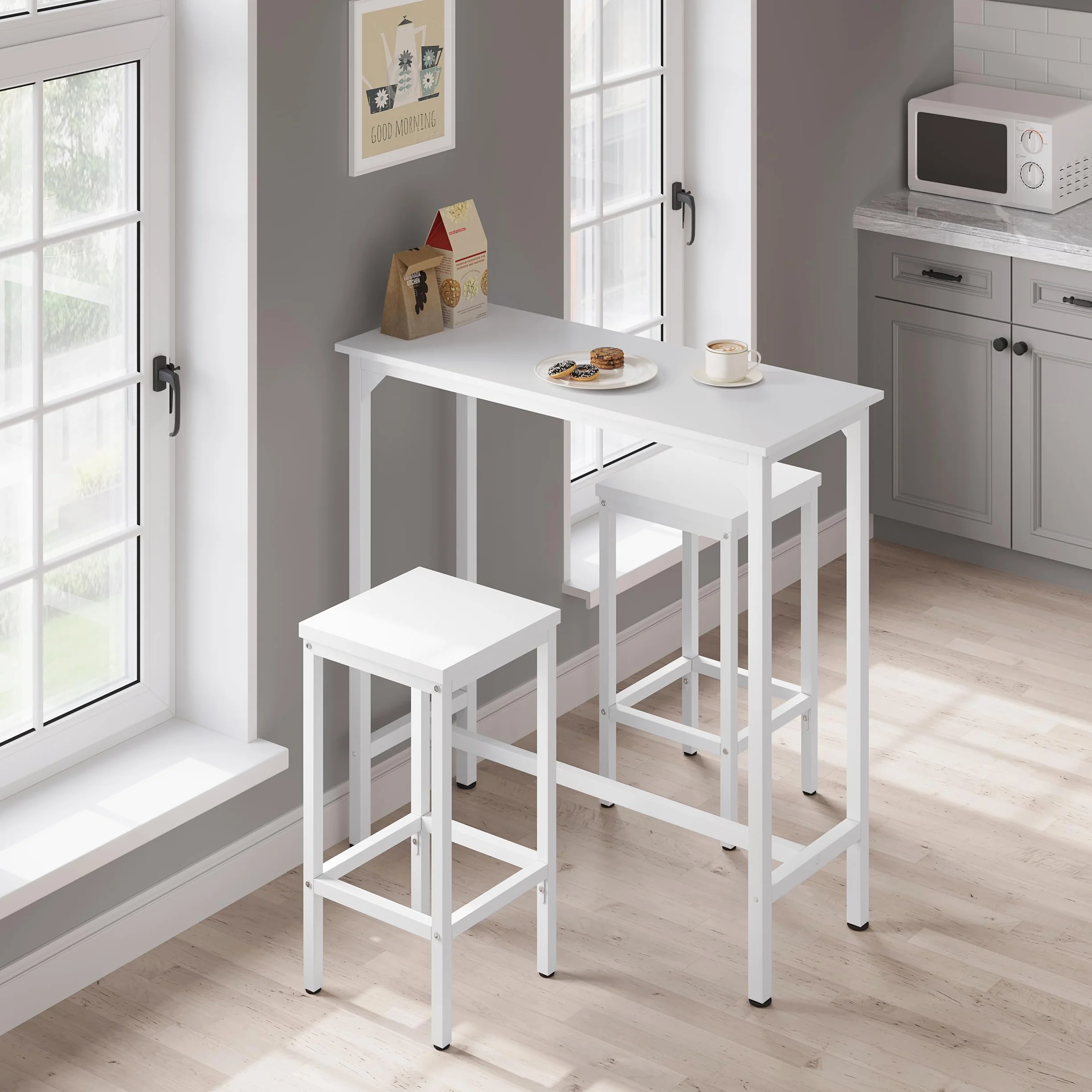 EUGAD Set Mesa de Bar y 2 uds, Taburete de Bar Muebles Cocina Silla de Comedor para Salon Cocina Mesa 100x40x100 cm Estructura de Metal, Blanca