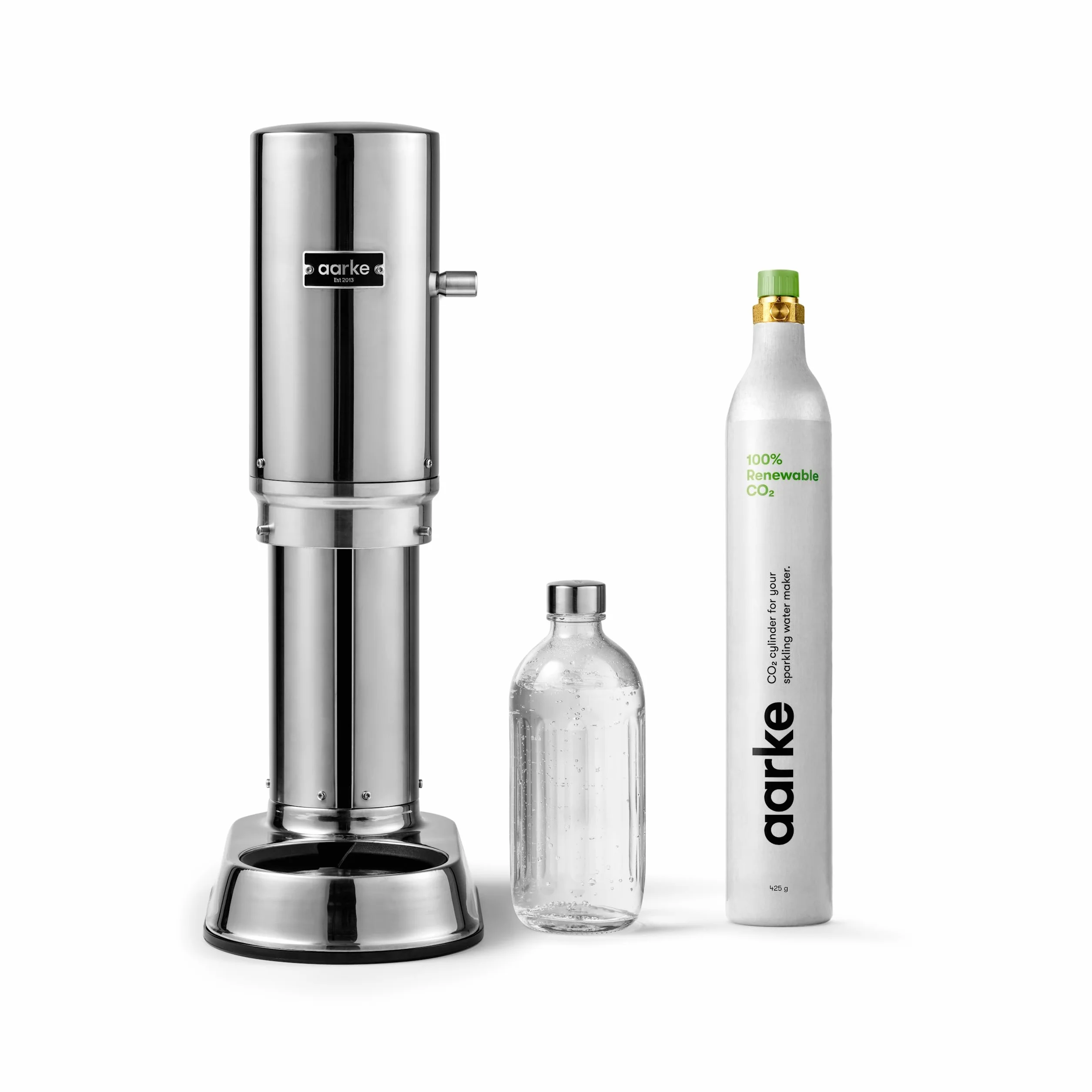 Aarke Carbonator Pro - Pulverizador de agua con botella de cristal, acabado en acero inoxidable + cilindro de CO2 AARKE 60L, 100% renovable CO2