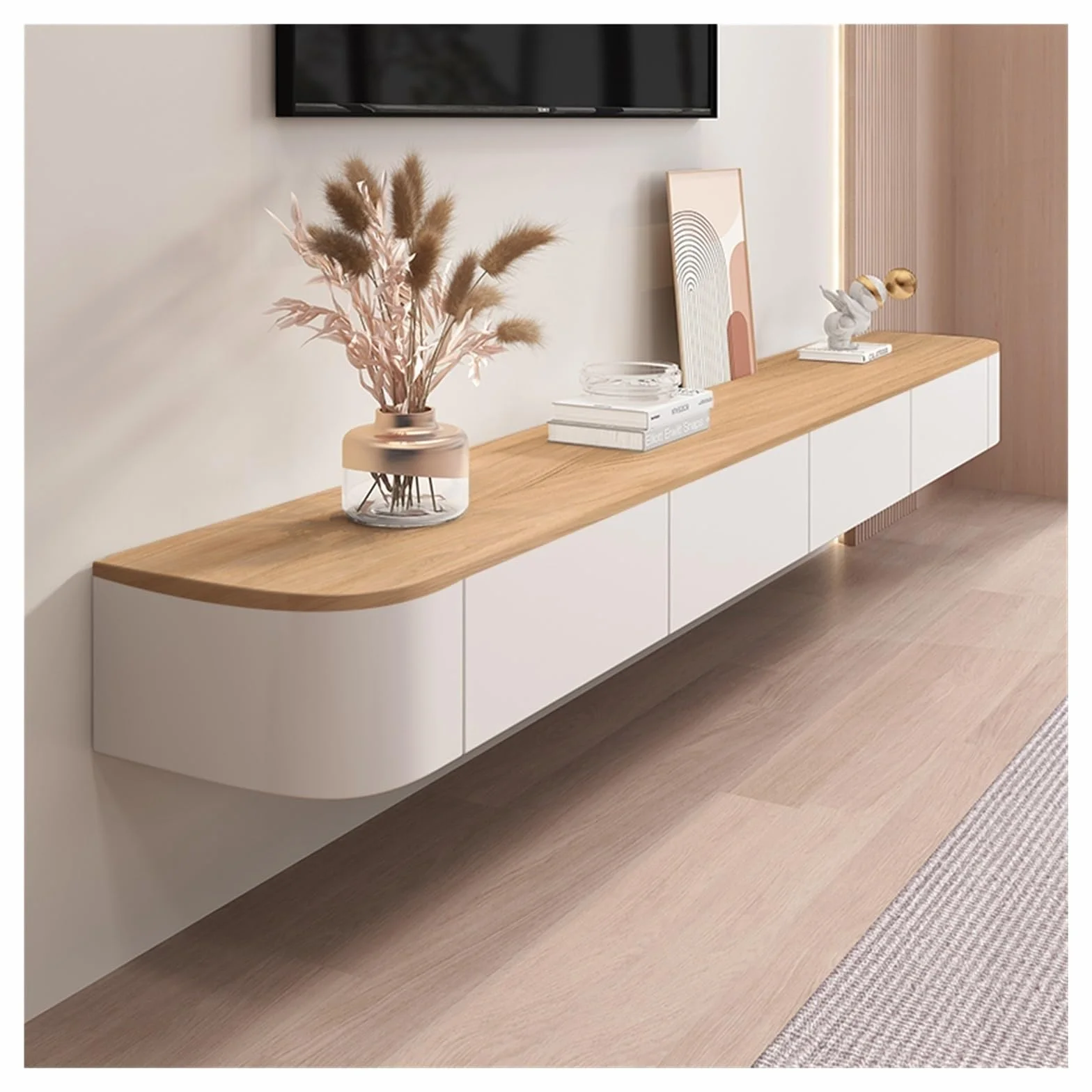 Mueble TV Suspendido,Montado En La Pared Armario De Almacenamiento con Puertas Consola De Entretenimiento Multimedia Armario De TV 120-300cm Esquina Redonda (White+Wood, 160cm)