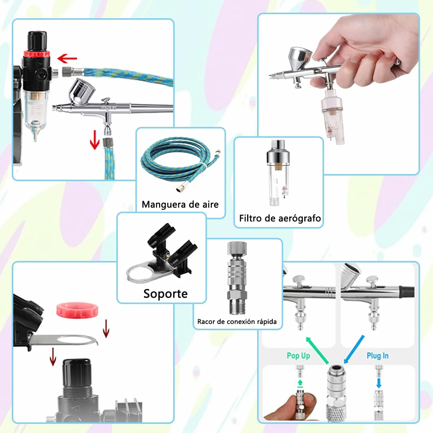 ABEST Kit completo de aerógrafo con compresor Sistema de aerografía multiusos con 2 aerógrafos para hobby, manualidades, modelos, decoración de tartas, maquillaje y manicura