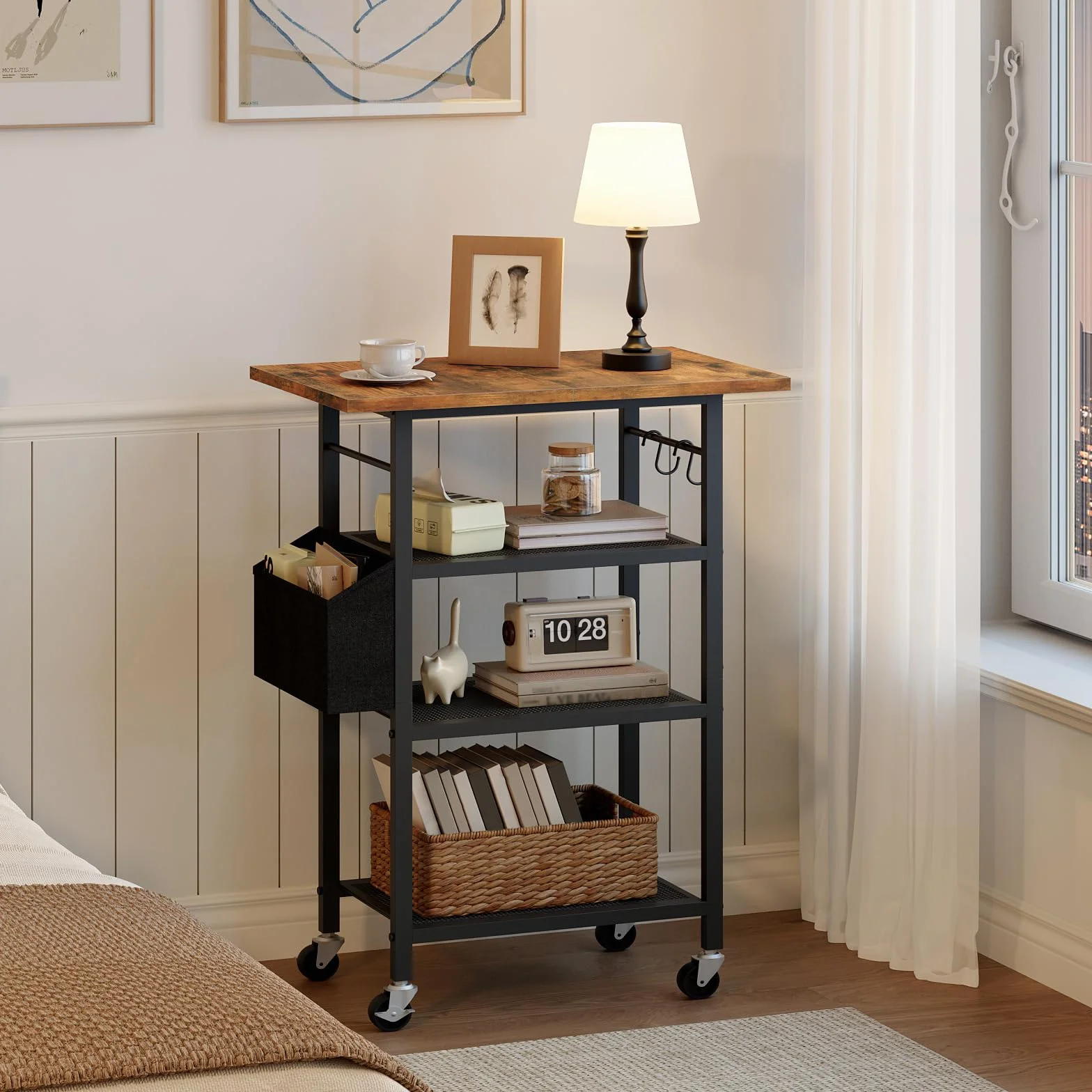 MAHANCRIS Soporte de Impresora de 4 Niveles, Mesa de Impresora con Ruedas, Estantería de Estilo Industrial, con Bolsillo Lateral, Estantes de Rejilla Metálica, 2 Ganchos,Marrón Rústico y Negro