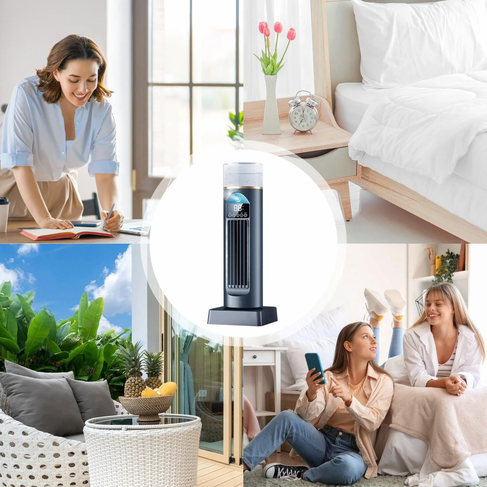 Portátil ventilador de torre sin aspas, 6 velocidades, oscilante silencioso, control remoto