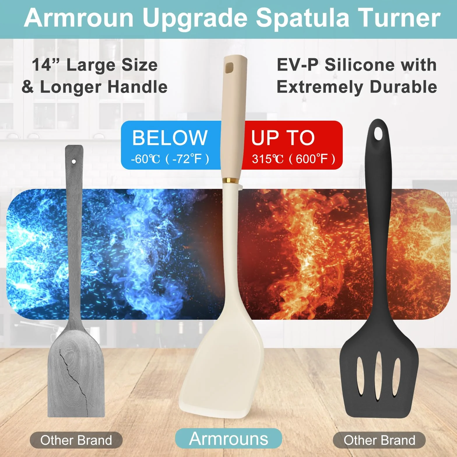 Armrous - Espátula de silicona sólida de 14 pulgadas, espátula antiadherente de mango largo para cocinar, espátula grande de goma resistente al calor, utensilios de cocina ideales para peces, huevos,