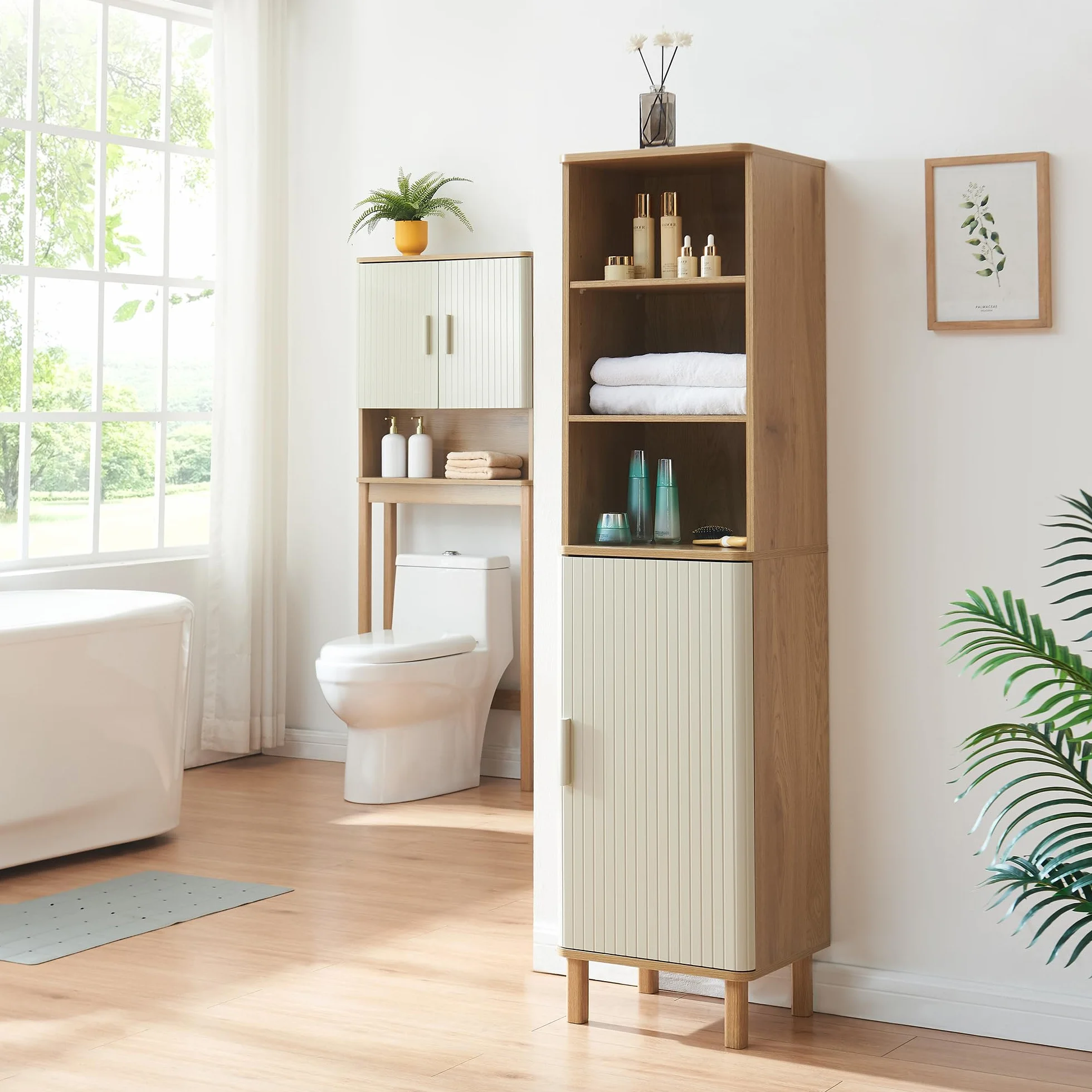 [en.casa] Armario Alto de Baño Ferrersp con 1 Puerta y 6 Compartimentos Mueble Alto de Baño Mueble Auxiliar para Cocina Dormitorio 160 x 42 x 35 cm MDF Pino - Roble/Arena