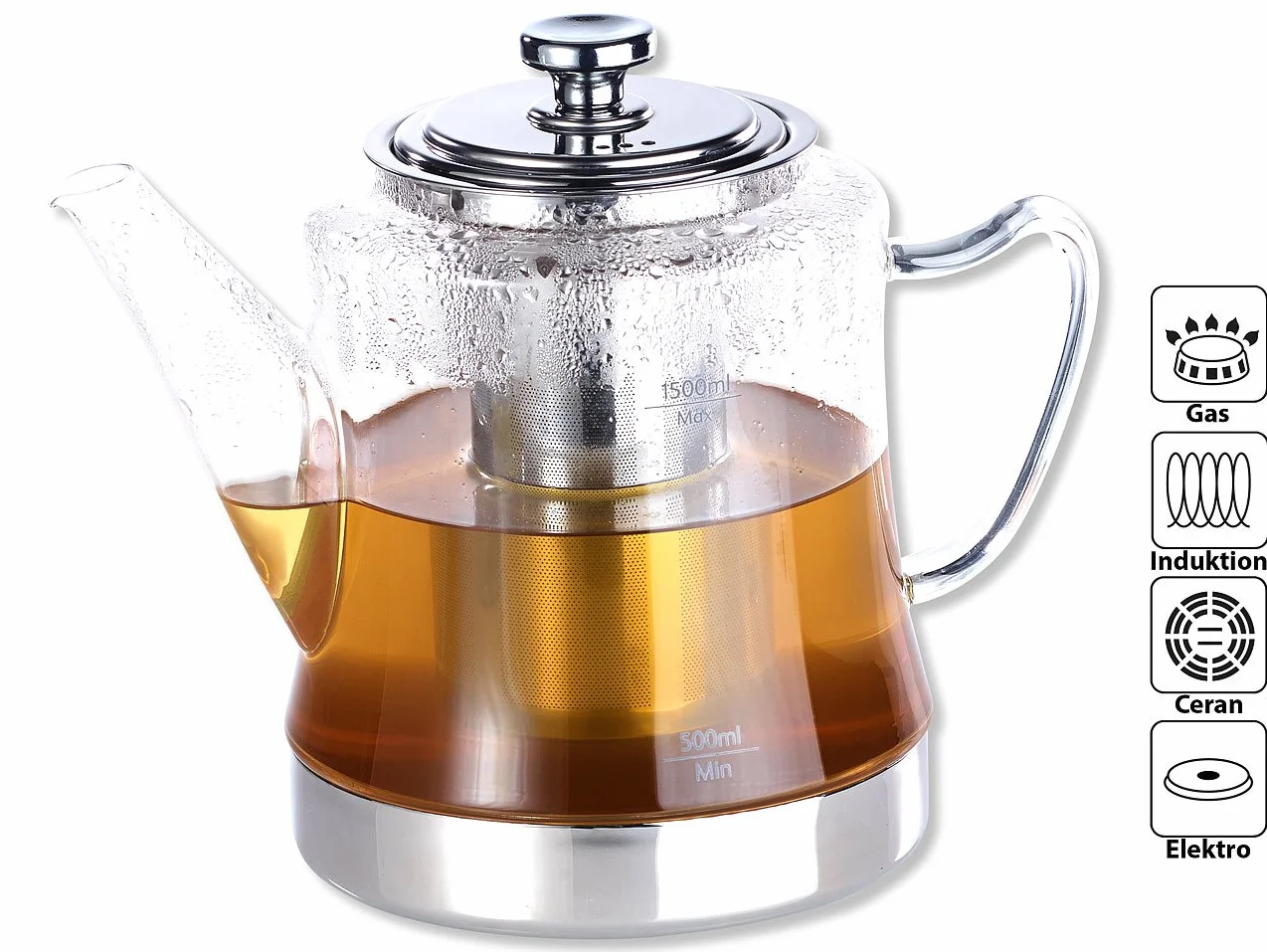 Rosenstein & Söhne Teteras - Tetera: Tetera y tetera de vidrio 2 en 1 para todas las estufas, también inducción, 1,5 l (tetera por Cocina de inducción, Tetera Vaso, apto para inducción)