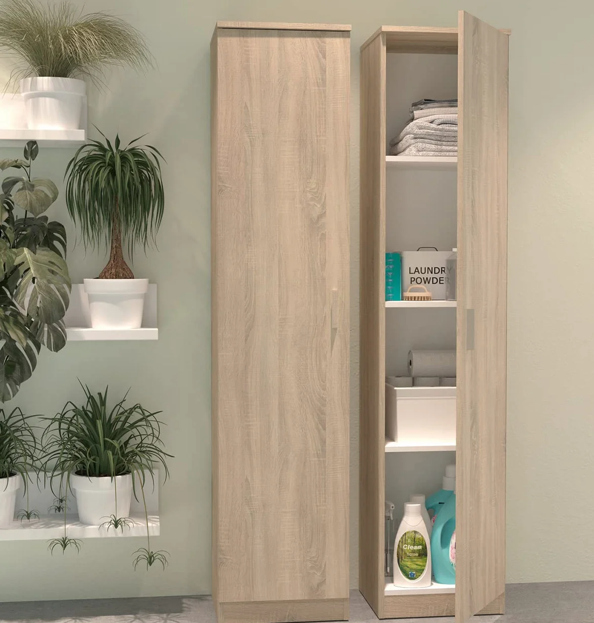 Armario Auxiliar Alto Multiusos Escobero o Despensa con Puerta y 3 Estantes, Acabado en Color Roble Cambrian, Medidas: 40 cm (Ancho) x 180 cm (Alto) x 35 cm (Fondo)