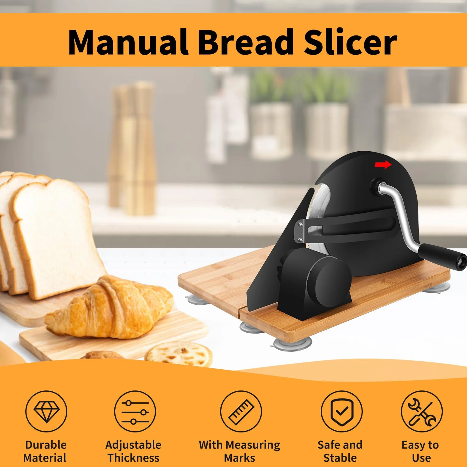 Rebanadora de pan manual, rebanadora multiusos de acero inoxidable 304 con báscula y ventosas, espesor ajustable para rebanadas uniformes, cuchilla afilada, espesor de corte 0-20 mm para pan