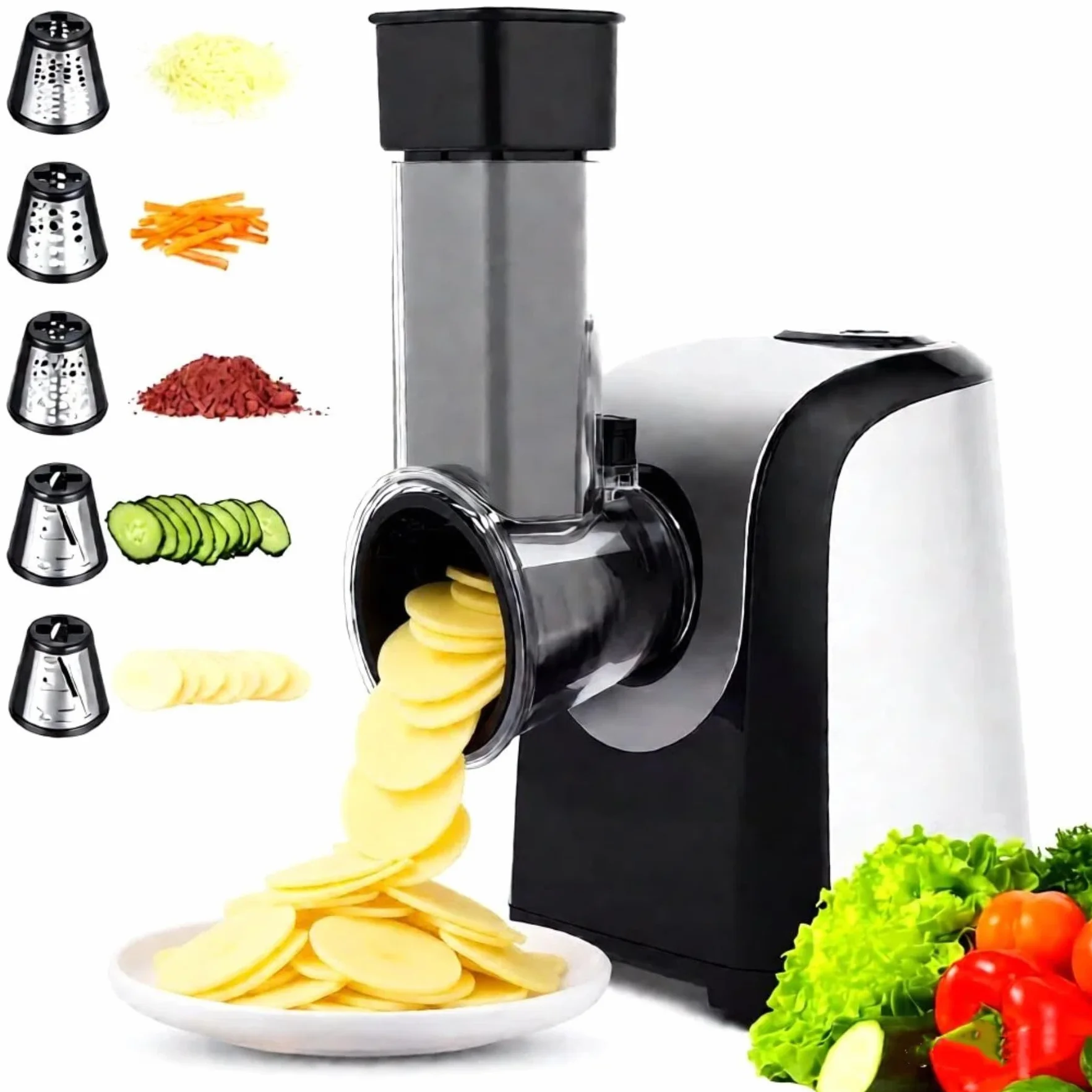 Rallador Eléctrico 150W - 5 en-1 Multifunción | Cortador Verduras con 5 Discos | Para Frutas, Verduras, Queso | Apto Lavavajillas, plateado
