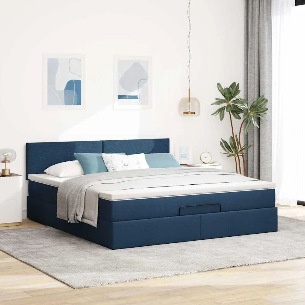 Cama otomana con colchón, 160 x 200 cm, cama de almacenamiento, en color azul, LED, cabecero de invitados, cama de invitados, comodidad para jóvenes y adultos, para dormitorios y habitaciones