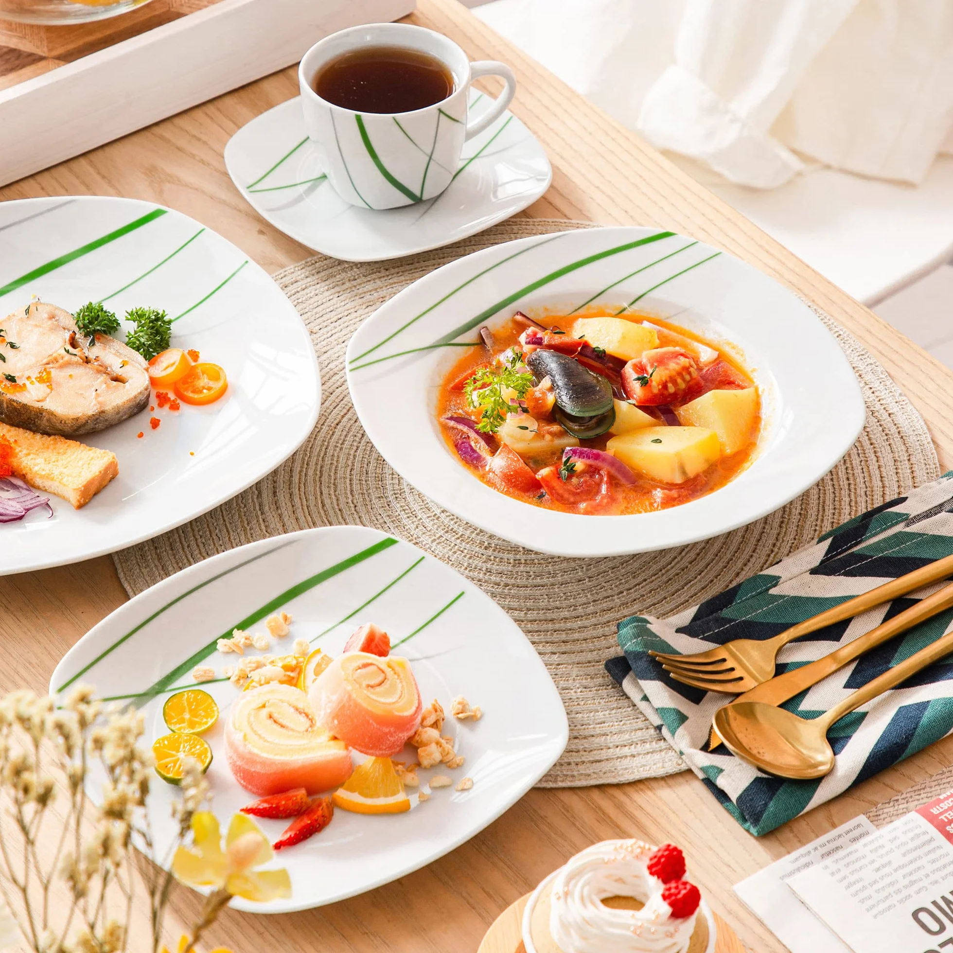VEWEET AVIVA Juegos de Vajillas 60 Piezas de Porcelana con 12 Taza 200 ml, 12 Platillos, 12 Platos, 12 Platos de Postre y 12 Platos Hondos para 12 Personas