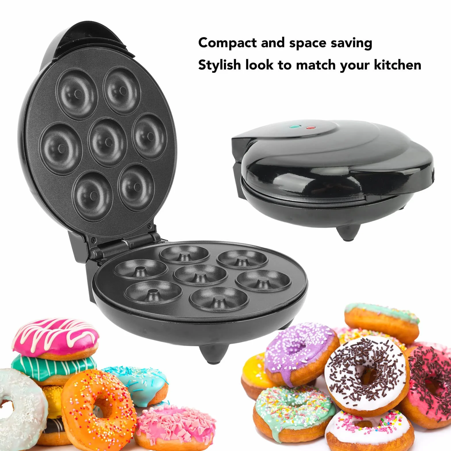 Asixxsix Donut Maker, 1000W Antiadherente Superficie Mini Donut Maker Máquina de Doble Cara de calefacción eléctrica Doughnut Maker, Hace 7 Donuts, para niños Desayuno Aperitivos postres (Negro)