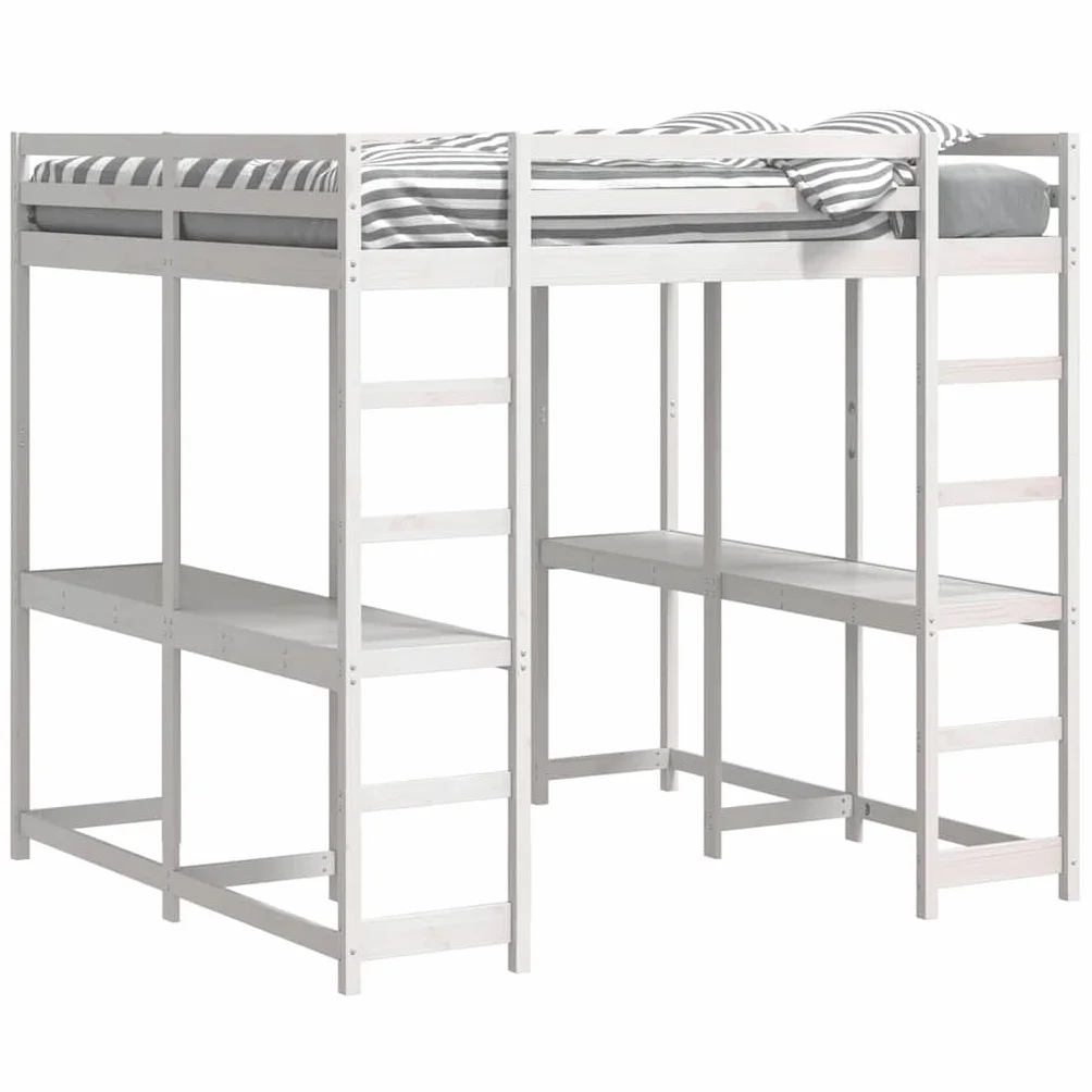 Cama alta con escritorio y escalera, marco de cama de pino blanco, 160 x 200 cm, cama de tamaño Queen robusta para niños y jóvenes, mueble que ahorra espacio