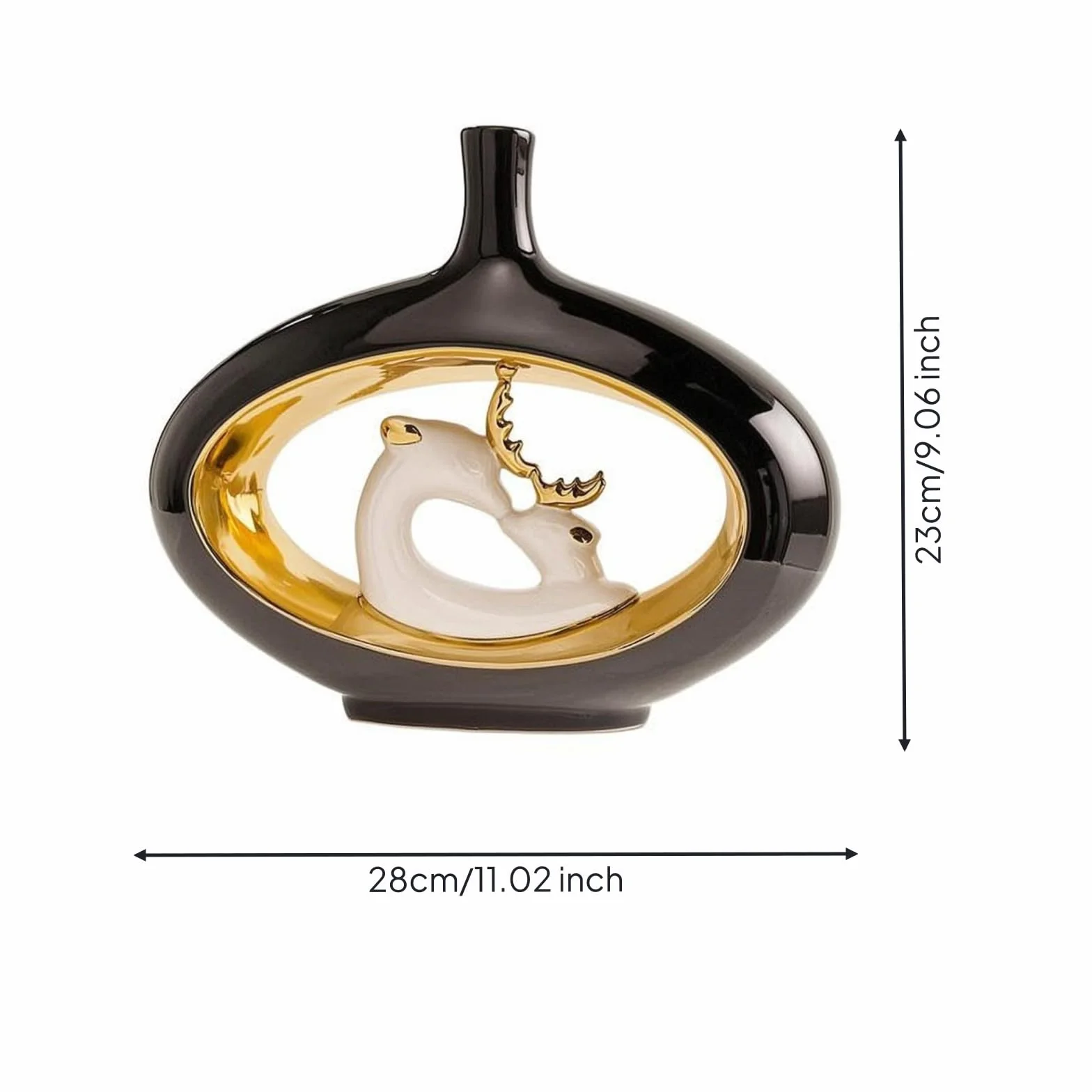 Jarrón Ciervo Cuello Estrecho Jarrón Cerámico Decorativo Motivo Motivo Plumaje para Exhibición Floral, Negro, Dorado, Jarrón De Ciervo 11029