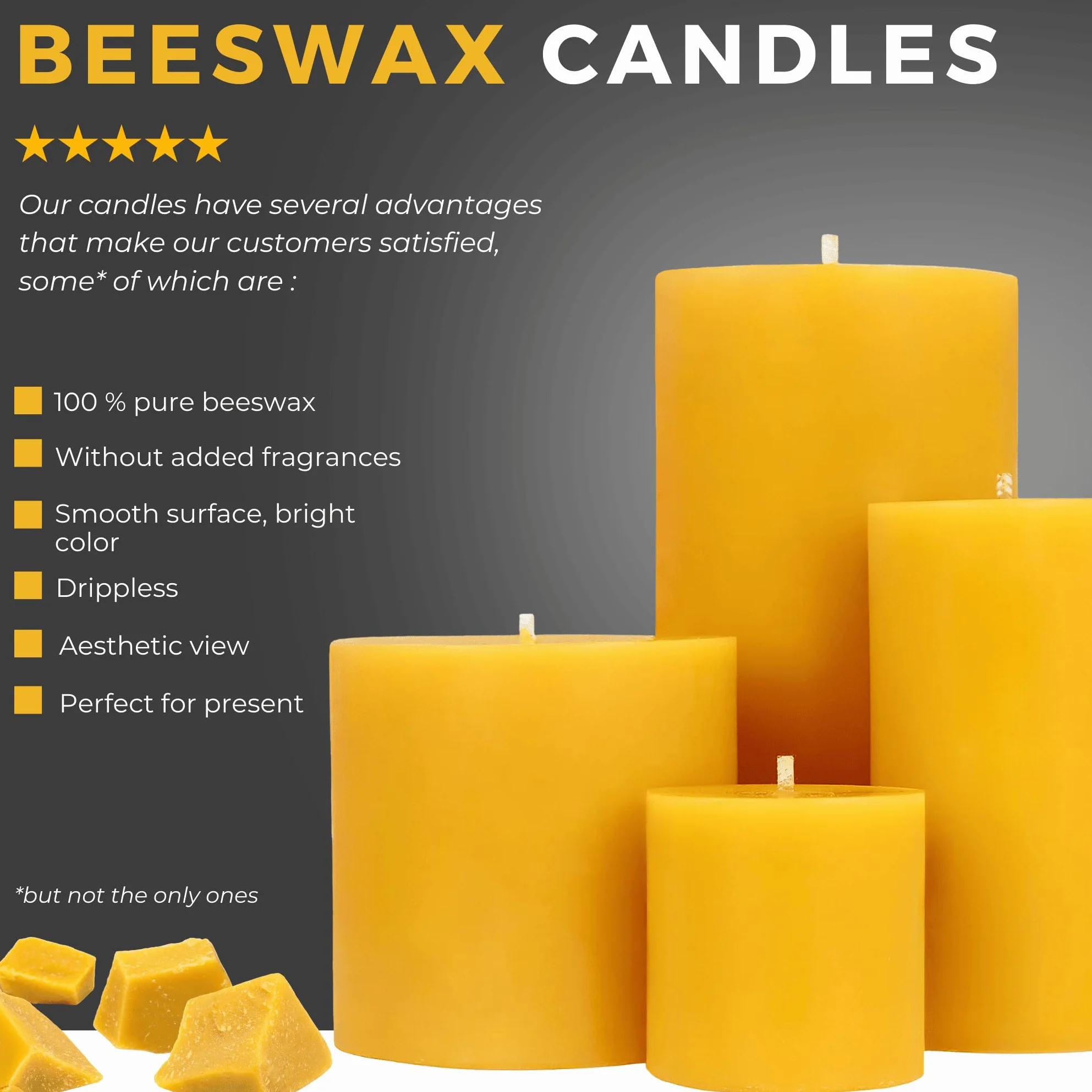 Velas de Cera de Abeja Natural 100% Pura Decorativas Grandes 2 pz 5x10 cm 35 horas