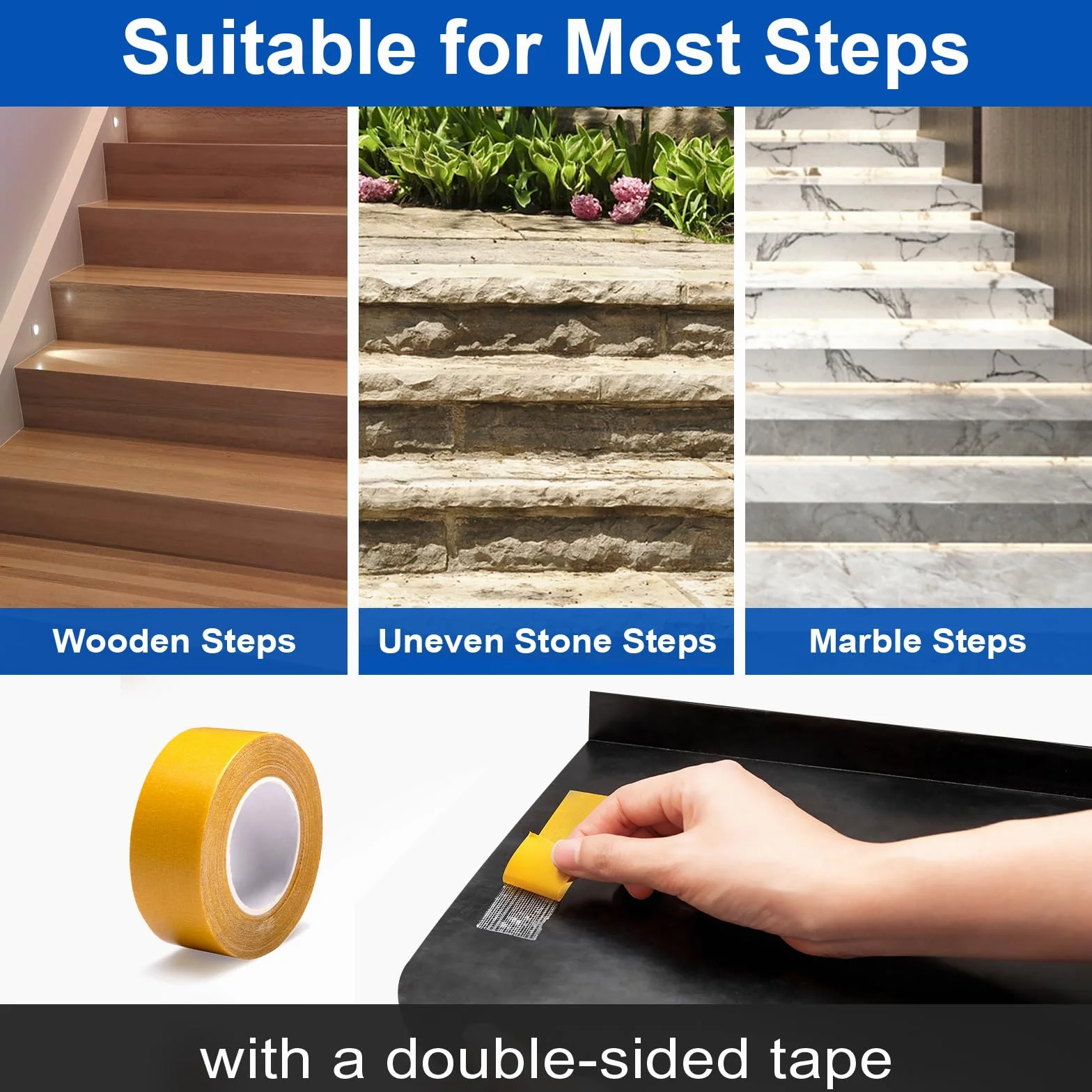 Spurtar Juego de 5 Cinta Caucho Sintético，65 x 25 cm Antideslizante Escaleras Alfombrillas de Goma para Escaleras, Antideslizantes para Interiores y Exteriores Moqueta Adhesiva con Doble Cara