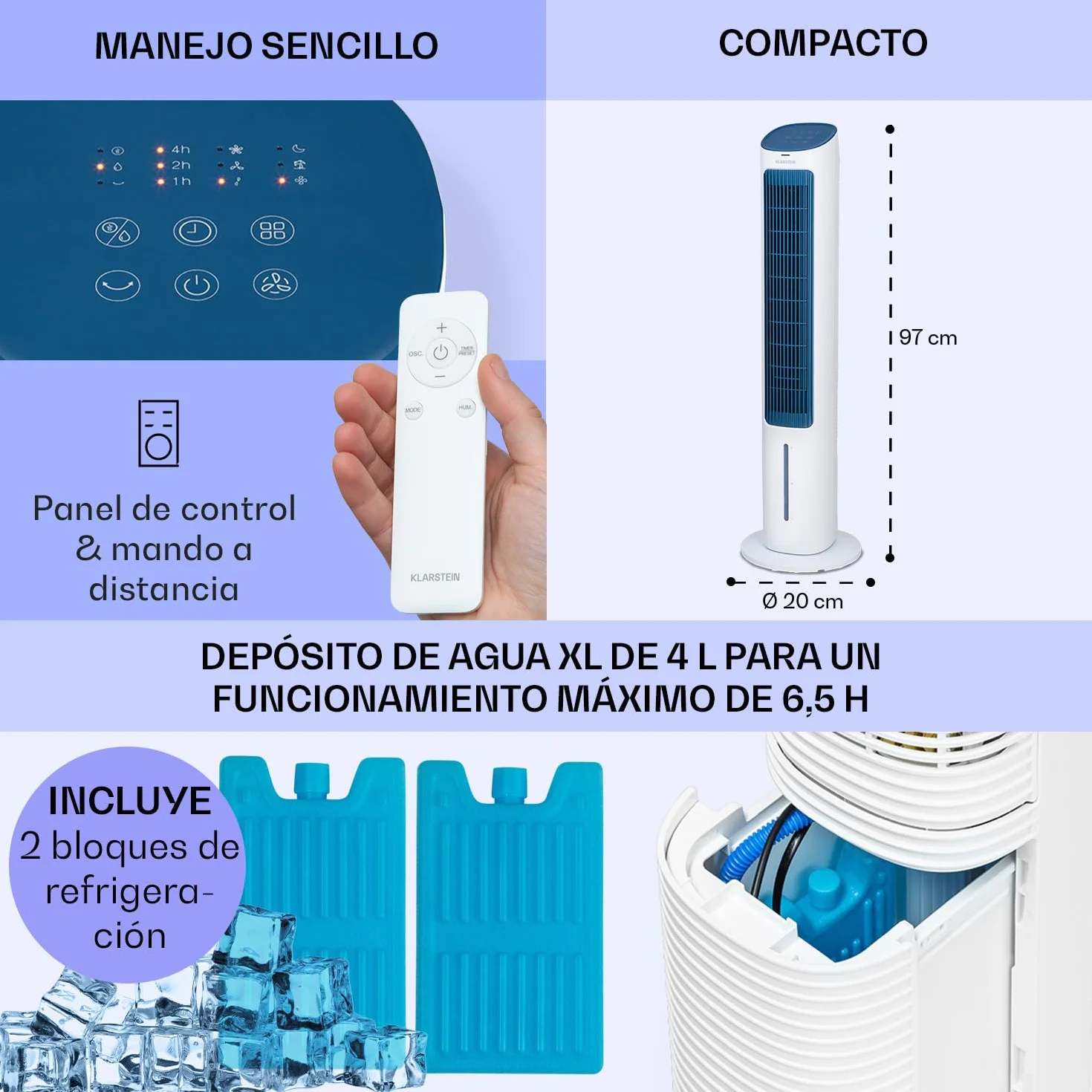 Klarstein Climatizador Portatil Frio 5 en 1 Ionizador, Mini Enfriador de Aire, Silencioso Modo Noche, Mando a Distancia, Humidificador, Ventilador, Purificador, Aparatos Aire 360m³/h, 50W, Blanco