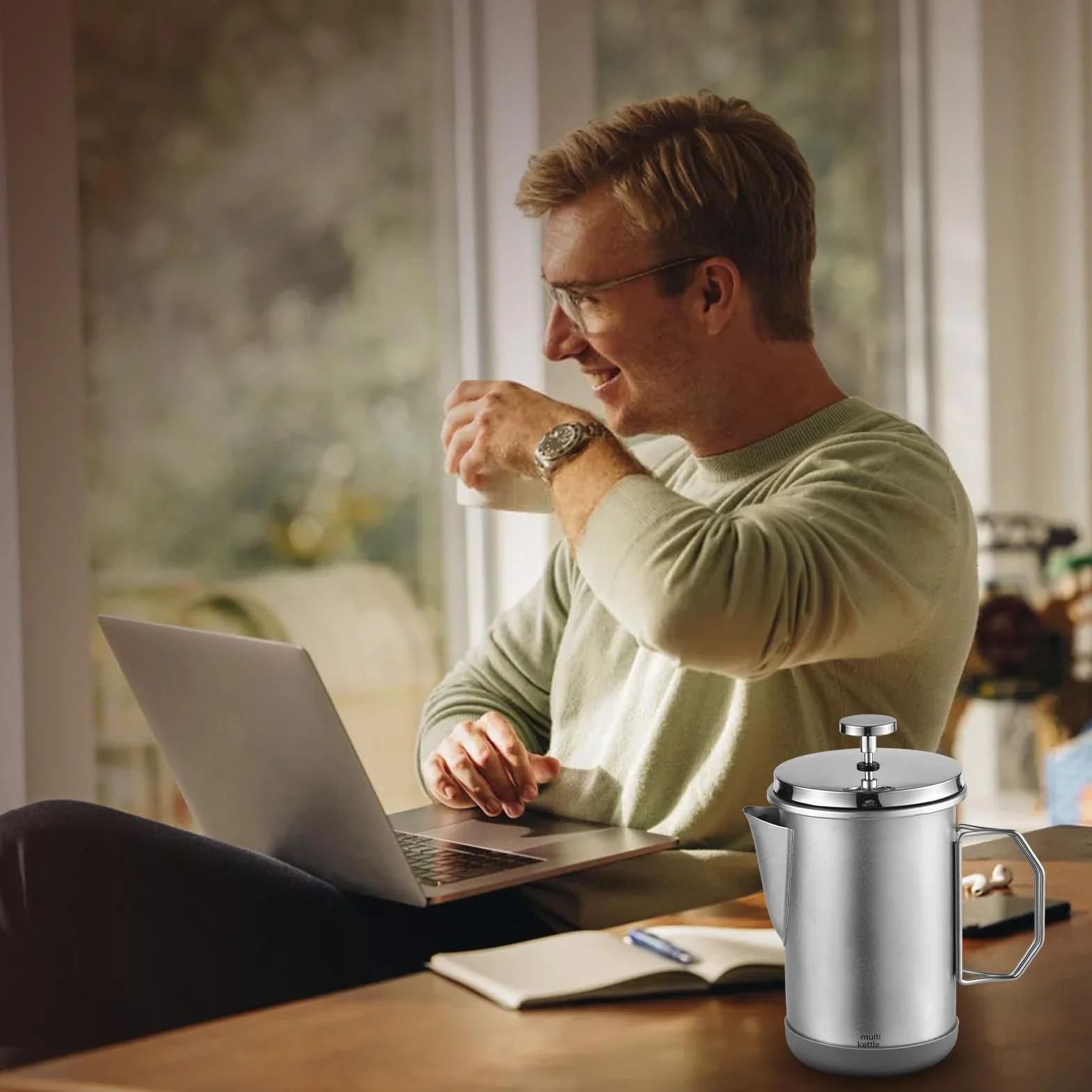 Cafetera de prensa francesa de 1 litro, prensa francesa con mango plegable, acero inoxidable, cafetera de prensa francesa