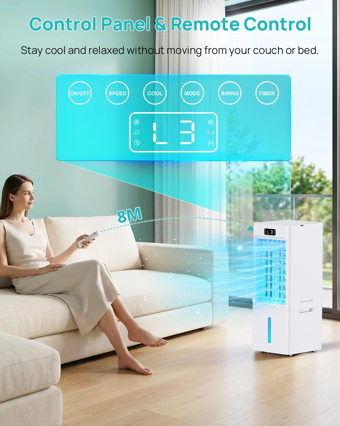 Aire Acondicionado Portatil 4 en 1, Enfriador de Aire con Tanque de 6L, 3 Modos & 3 Velocidades, Temporizador 1-12H, Oscilación,4 Packs de Hielo, Control Remoto, Portátil, Silencioso