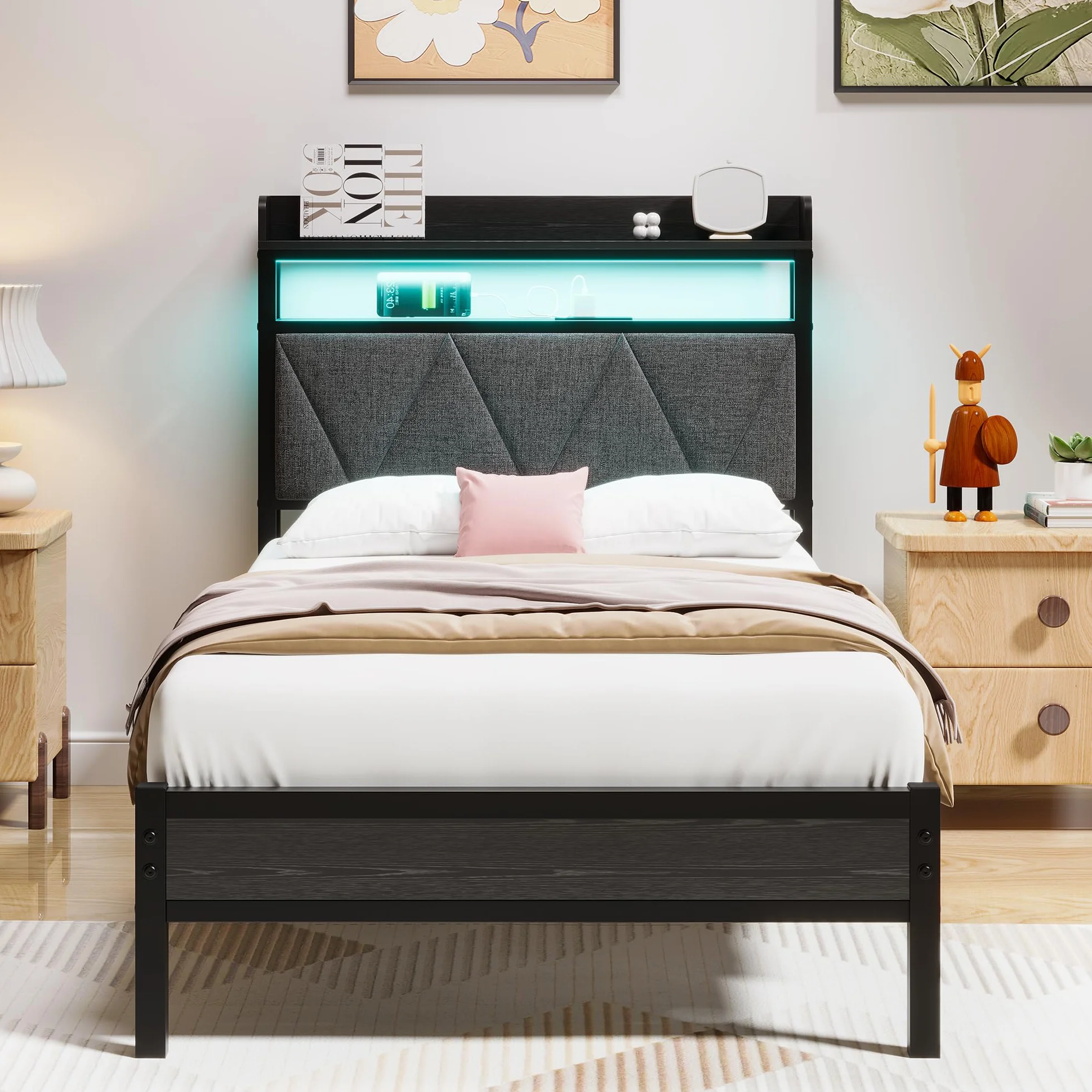 Estructura de cama de 90 x 200 cm con cabecero tapizado de madera con dos estantes, estación de carga, luces LED, estructura de cama metálica robusta, no se necesita somier tapizado