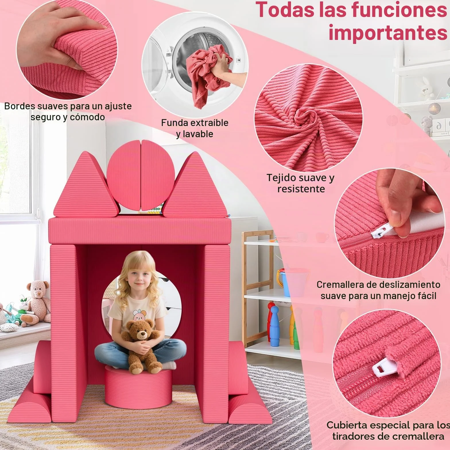 MAMIZO Sofá para Niños, 15 Piezas Sofá Modular para Niños, Sofá Infantil Convertible, Sofá de Juegos para niños para Sala de Juegos, Posibilidades de Juego Infinitas, Hecho de Pana (Rosa)